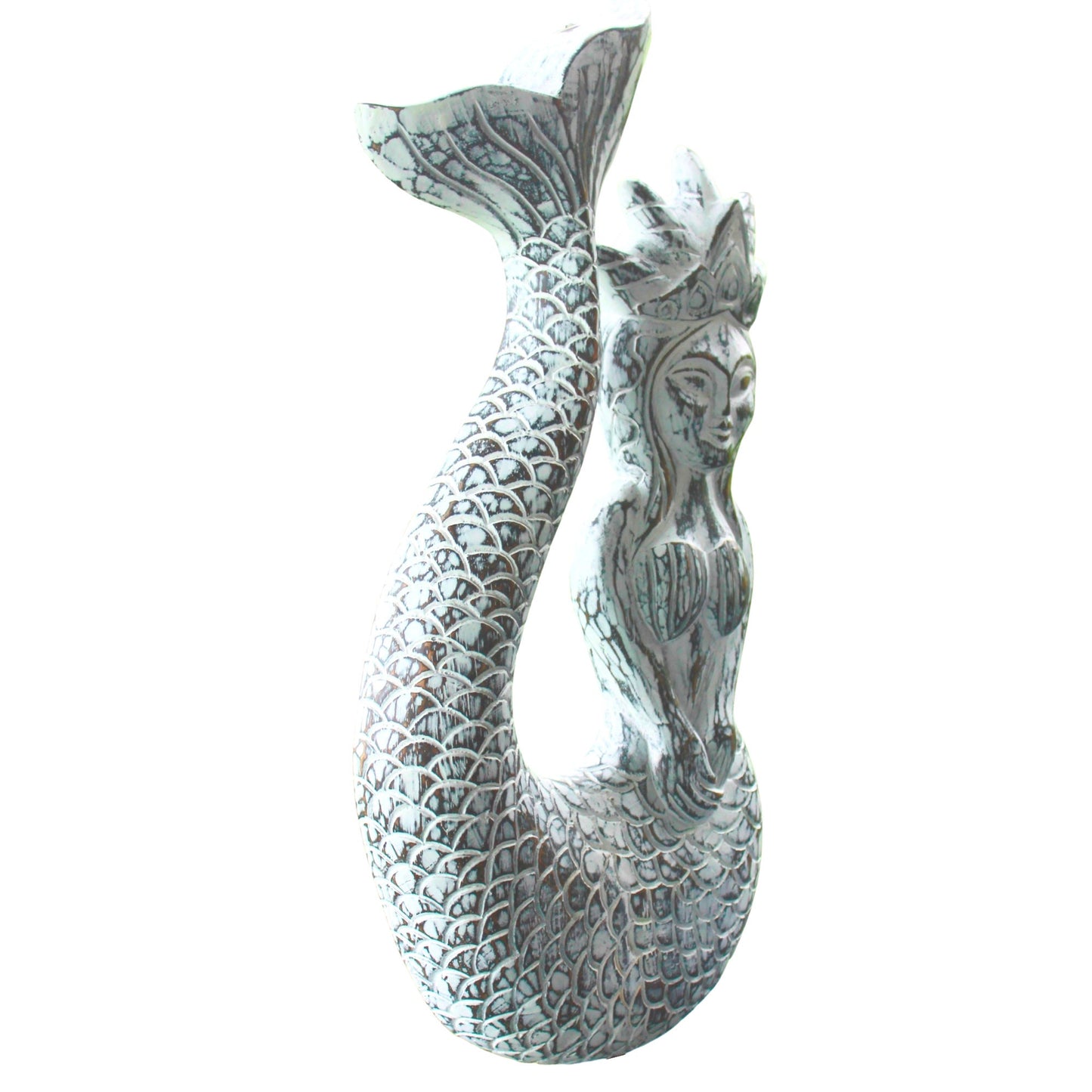 Hand Carved Whitewash Mermaid Princess Wall Art: Bali Folk Art Decor
