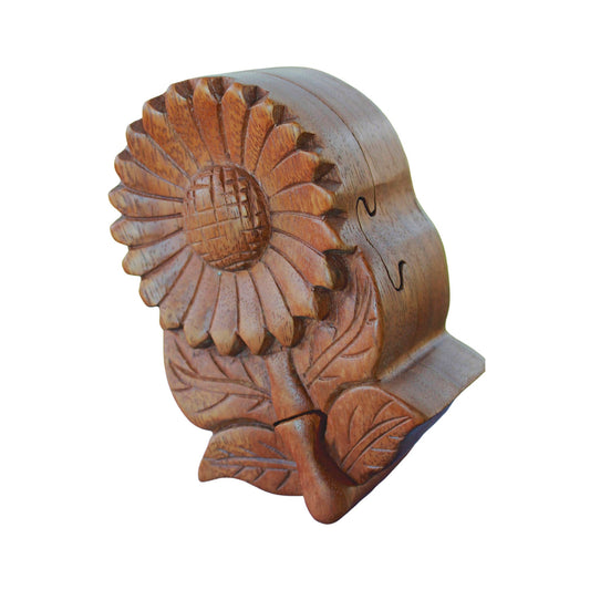 Sunflower Daisy Flower Secret Puzzle Box Jewelry gift box Trinket Stash Box Hand Carved Wood Marguerite Bali art Handmade - Acadia World Traders