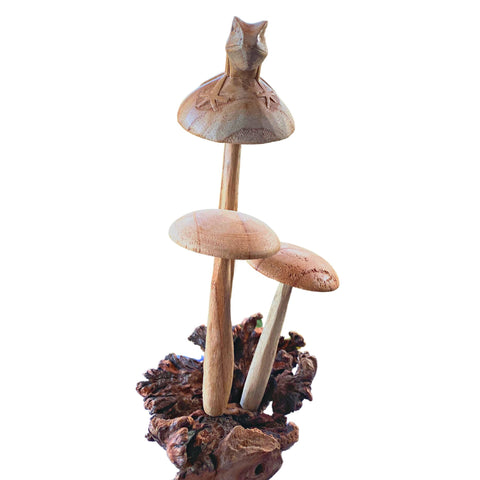 Hand Carved Frog Statue Mushroom wooden Toad Toadstool Figurine Parasite Wood Handmade Wood Carving Bali Art Sculpture Shroom gift for dad