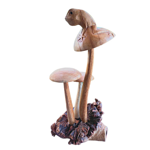 Hand Carved Frog Statue Mushroom wooden Toad Toadstool Figurine Parasite Wood Handmade Wood Carving Bali Art Sculpture Shroom gift for dad