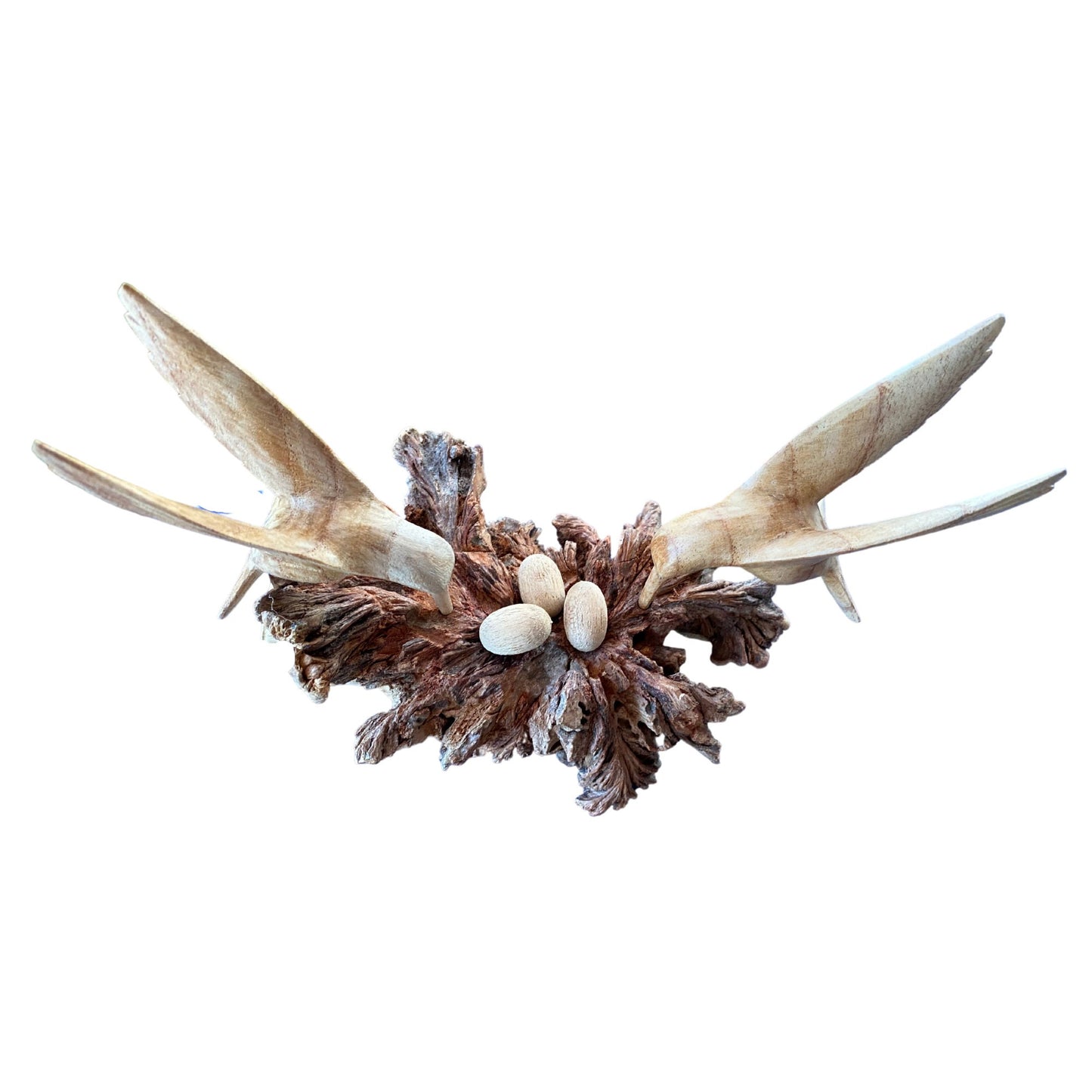Hand Carved Hummingbird with Nest Statue: Balinese Parasite Mushroom Wood Sculpture