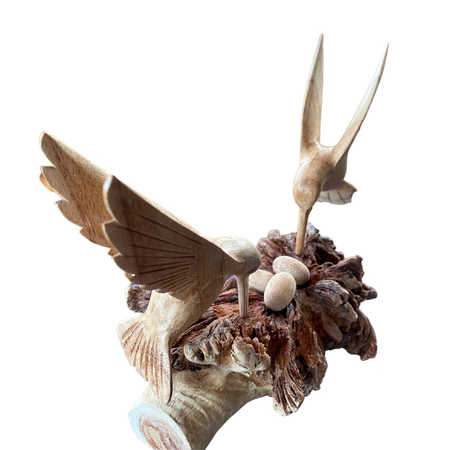 Hand Carved Hummingbird with Nest Statue: Balinese Parasite Mushroom Wood Sculpture