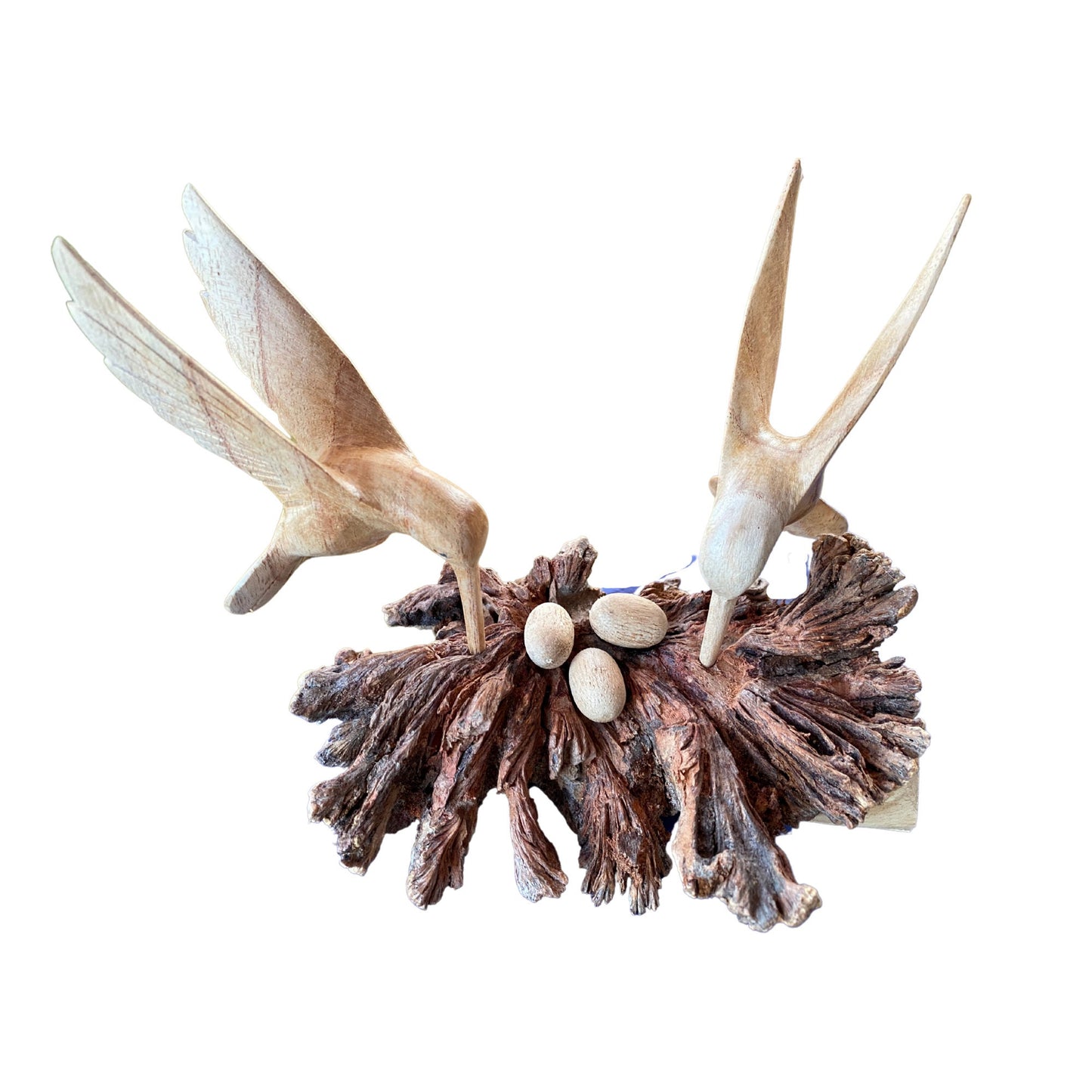 Hand Carved Hummingbird with Nest Statue: Balinese Parasite Mushroom Wood Sculpture
