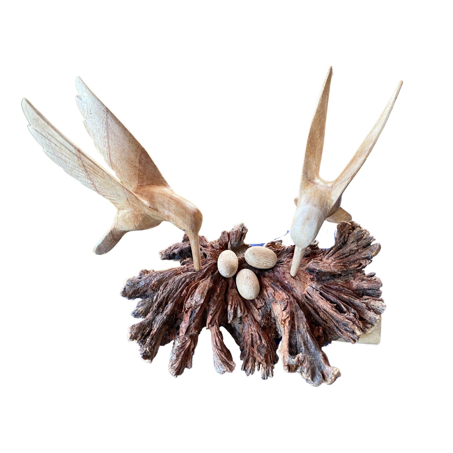 Hand Carved Hummingbird with Nest Statue: Balinese Parasite Mushroom Wood Sculpture