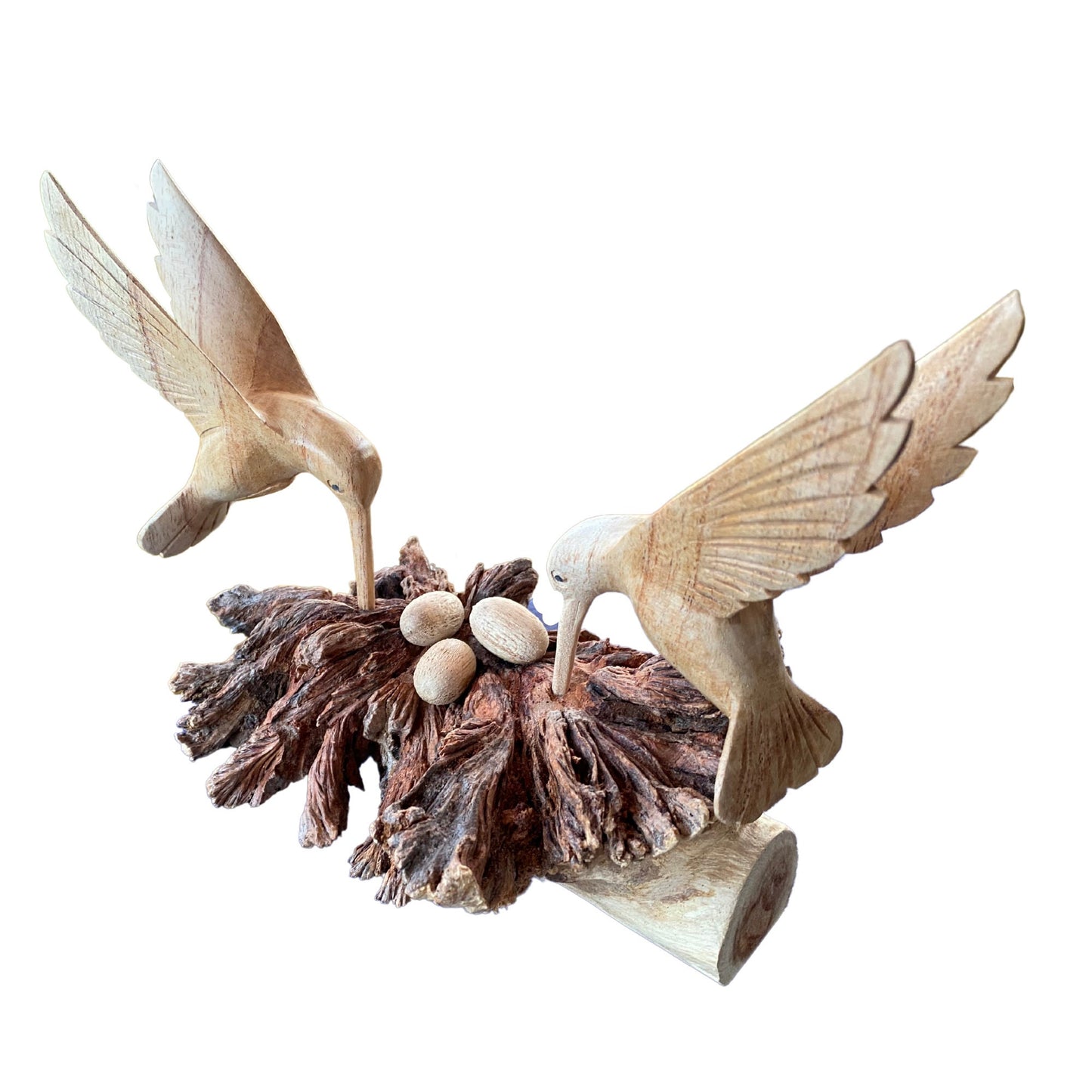 Hand Carved Hummingbird with Nest Statue: Balinese Parasite Mushroom Wood Sculpture