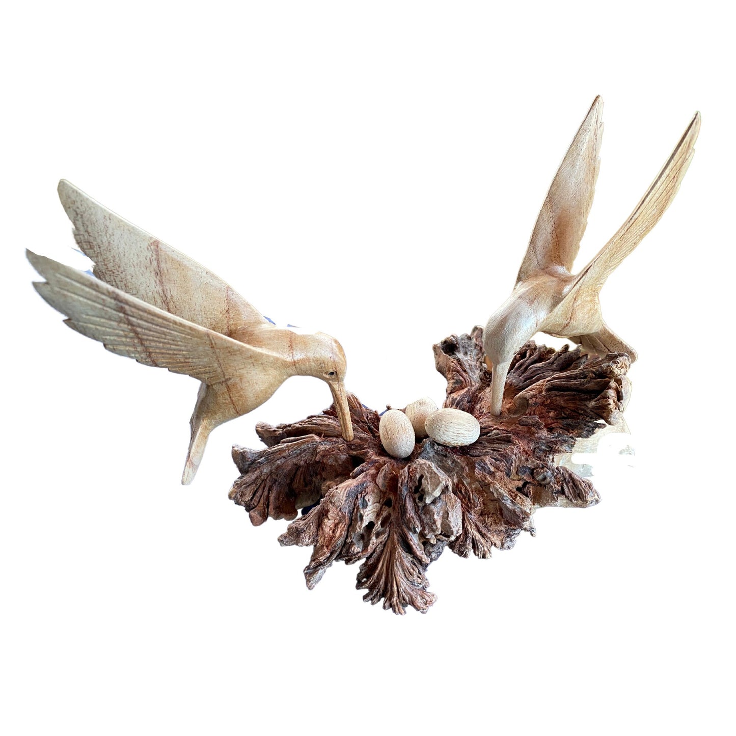 Hand Carved Hummingbird with Nest Statue: Balinese Parasite Mushroom Wood Sculpture