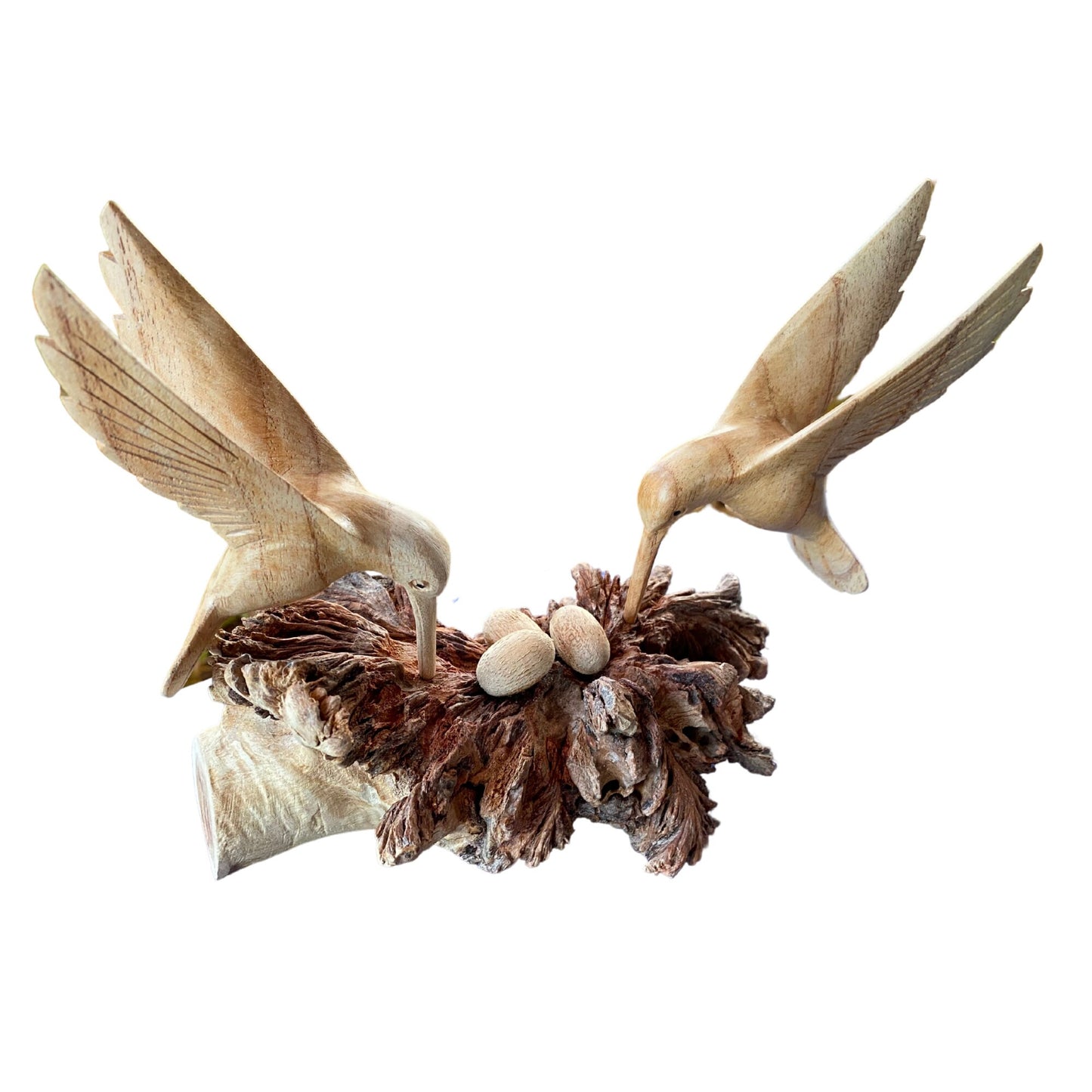 Hand Carved Hummingbird with Nest Statue: Balinese Parasite Mushroom Wood Sculpture