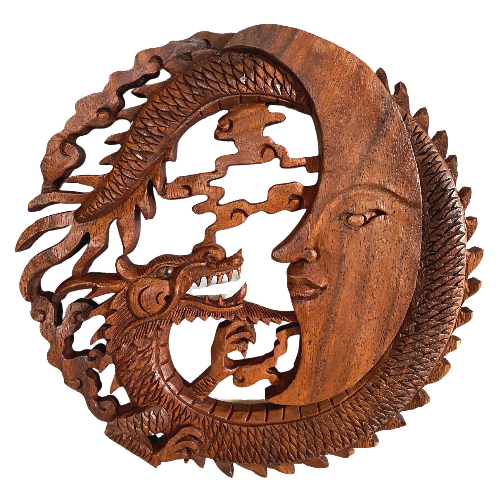 Naga Dragon & Crescent Moon Wall  Sculpture Panel Hand Carved Balinese art - Acadia World Traders