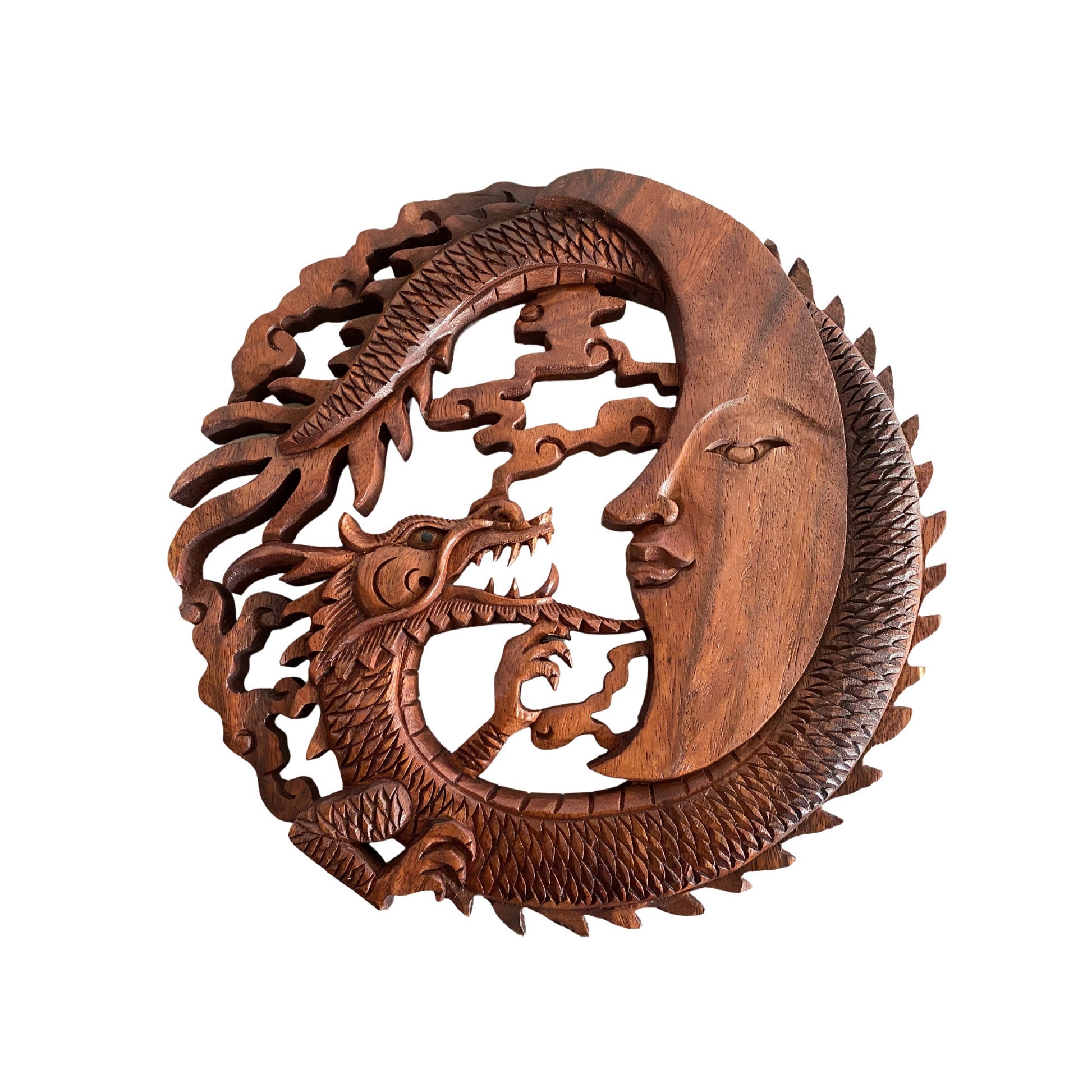 Naga Dragon & Crescent Moon Wall  Sculpture Panel Hand Carved Balinese art - Acadia World Traders