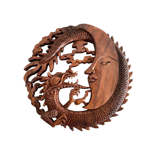 Naga Dragon & Crescent Moon Wall  Sculpture Panel Hand Carved Balinese art - Acadia World Traders