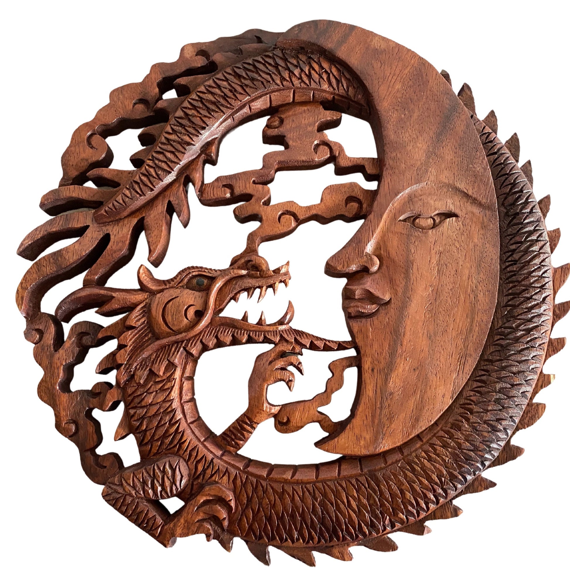 Naga Dragon & Crescent Moon Wall  Sculpture Panel Hand Carved Balinese art - Acadia World Traders
