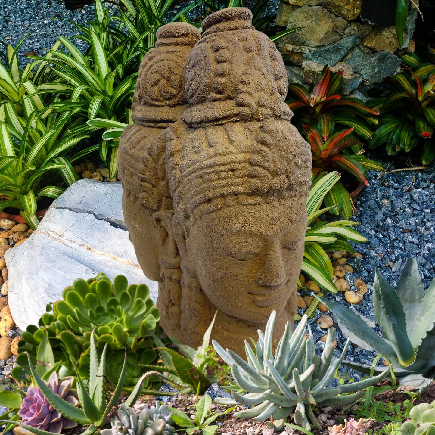 Trimurti Hindu Garden Statue: Handmade Cast Lava Stone Balinese Garden Sculpture