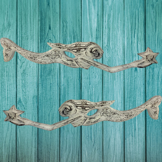 Balinese Swimming Mermaid Star Wall art whitewash Hand carved wood Bali Nautical Beach Cottage Decor - Acadia World Traders
