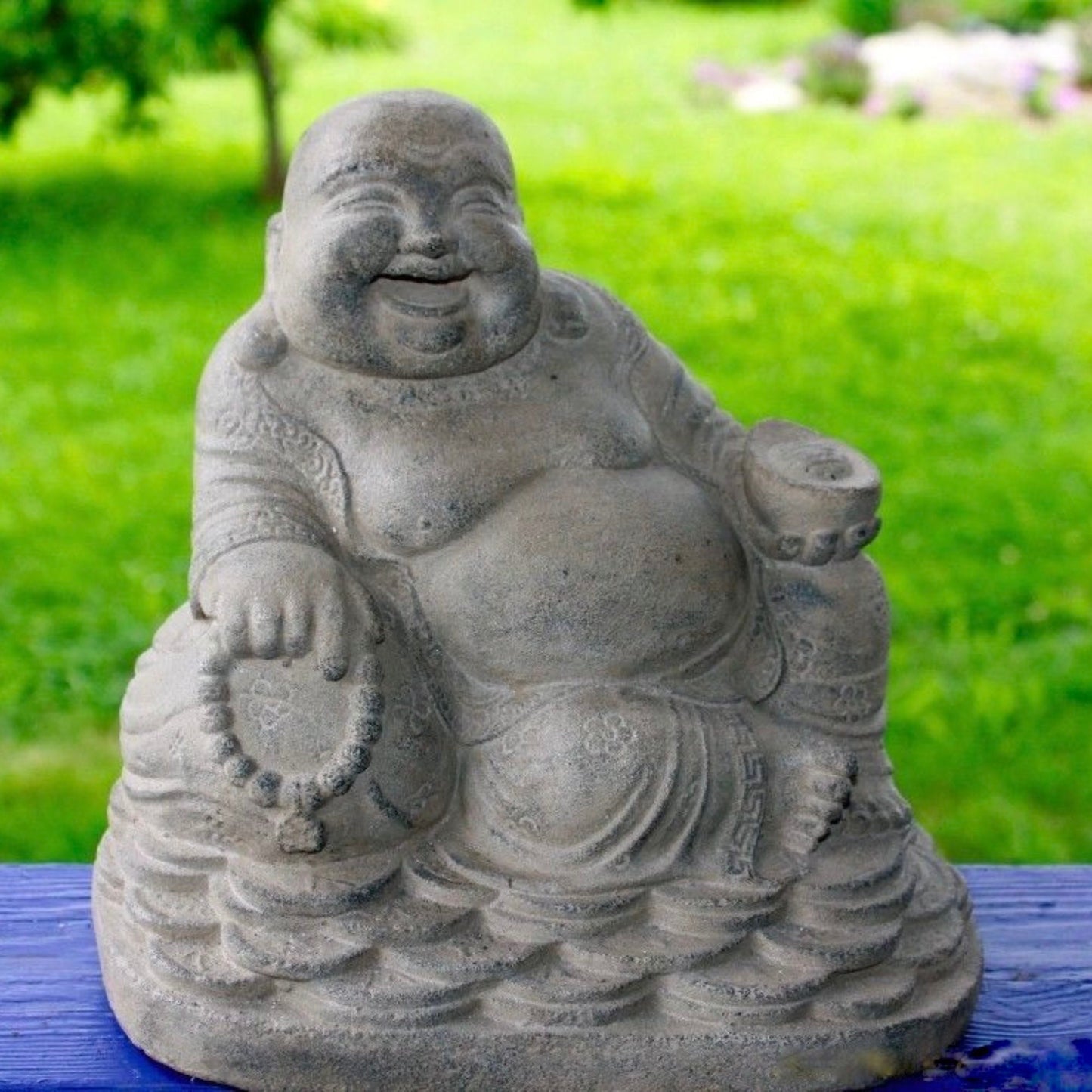 Cast Lava Stone Hotei Laughing Buddha Garden Statue: Balinese Garden Art