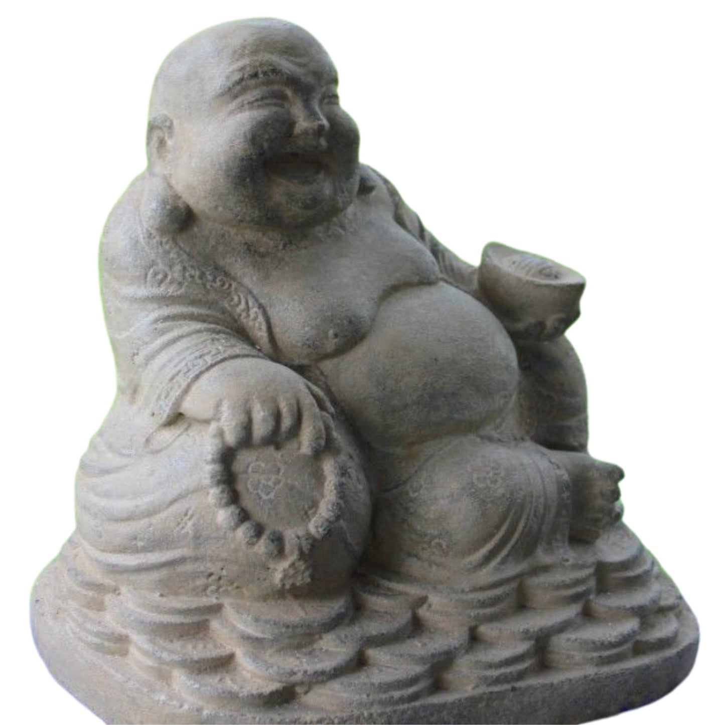 Cast Lava Stone Hotei Laughing Buddha Garden Statue: Balinese Garden Art