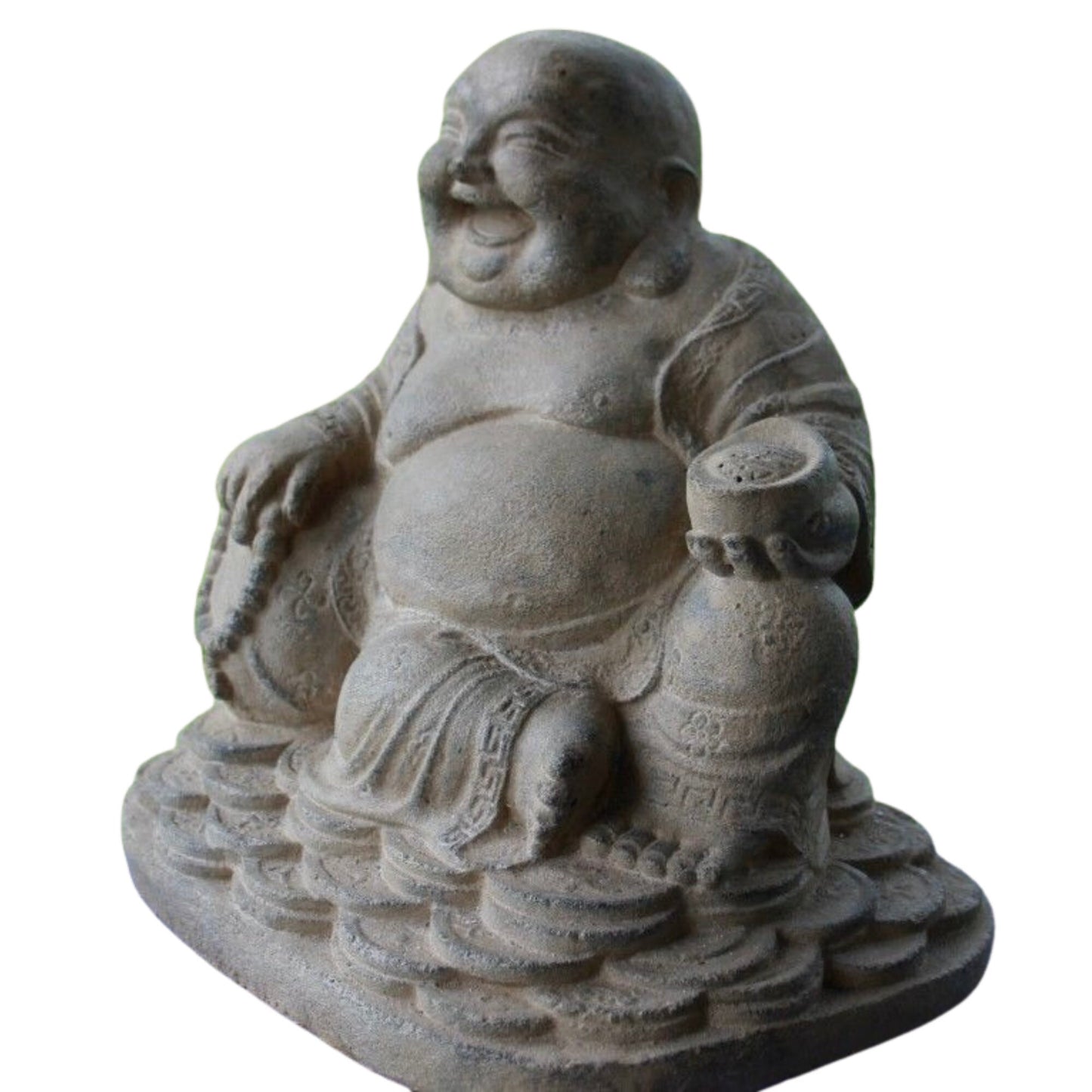 Cast Lava Stone Hotei Laughing Buddha Garden Statue: Balinese Garden Art