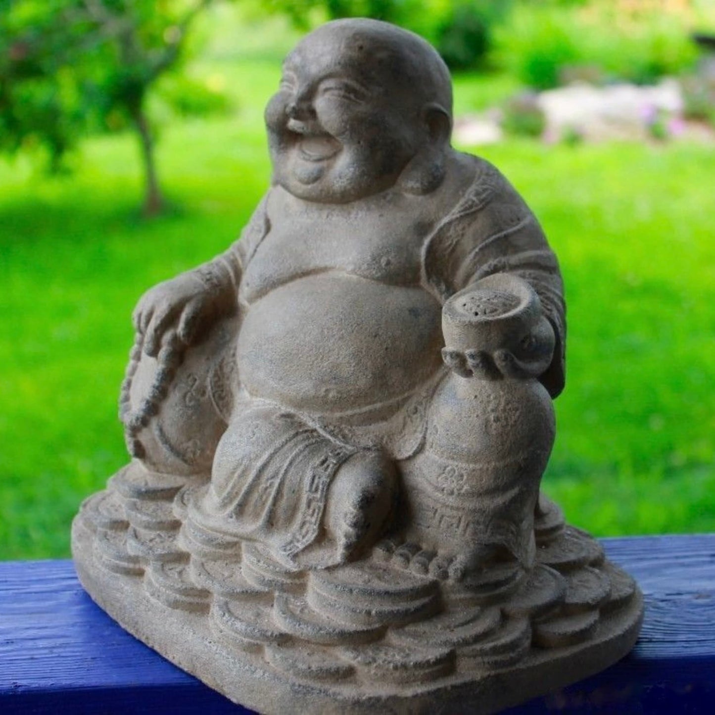 Cast Lava Stone Hotei Laughing Buddha Garden Statue: Balinese Garden Art