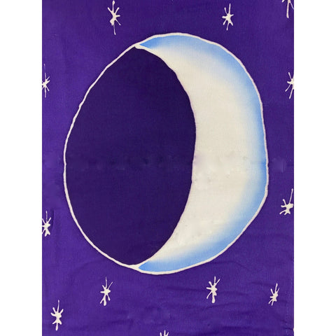 Lunar Moon Phase Wall hanging Banner Handmade Bali Blue Hand drawn Batik Fabric Boho Eclectic Home Decor Celestial Art