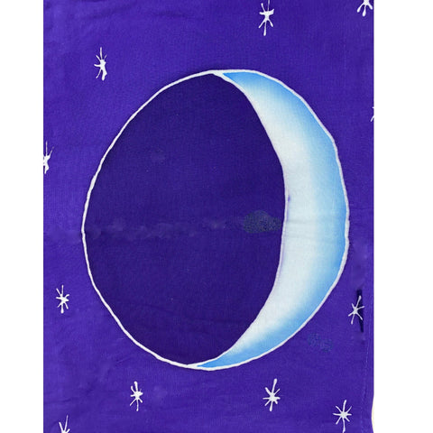 Lunar Moon Phase Wall hanging Banner Handmade Bali Blue Hand drawn Batik Fabric Boho Eclectic Home Decor Celestial Art