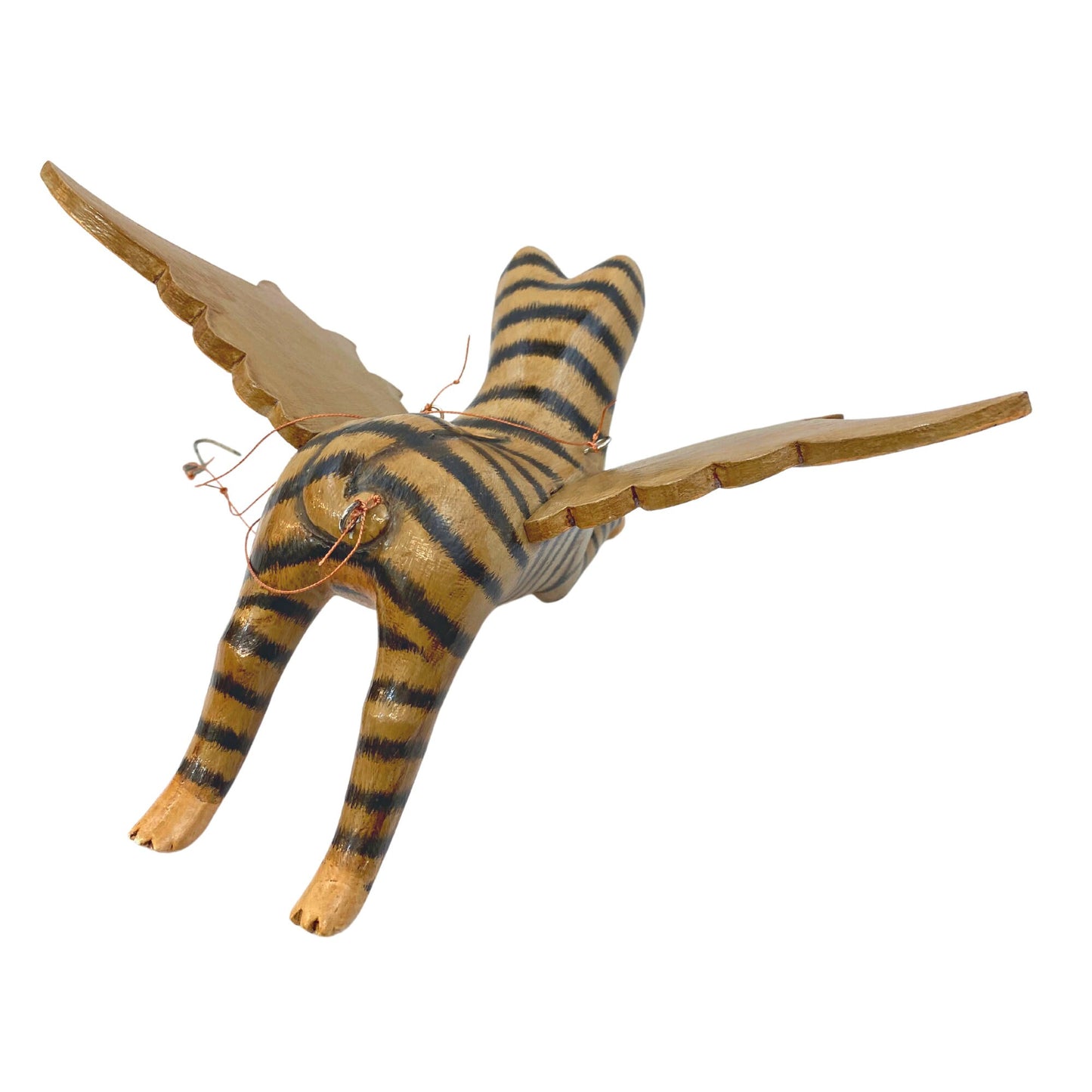Flying Tabby Striped Cat Mobile, Balinese Hand Carved Wood  Folk Art Decor