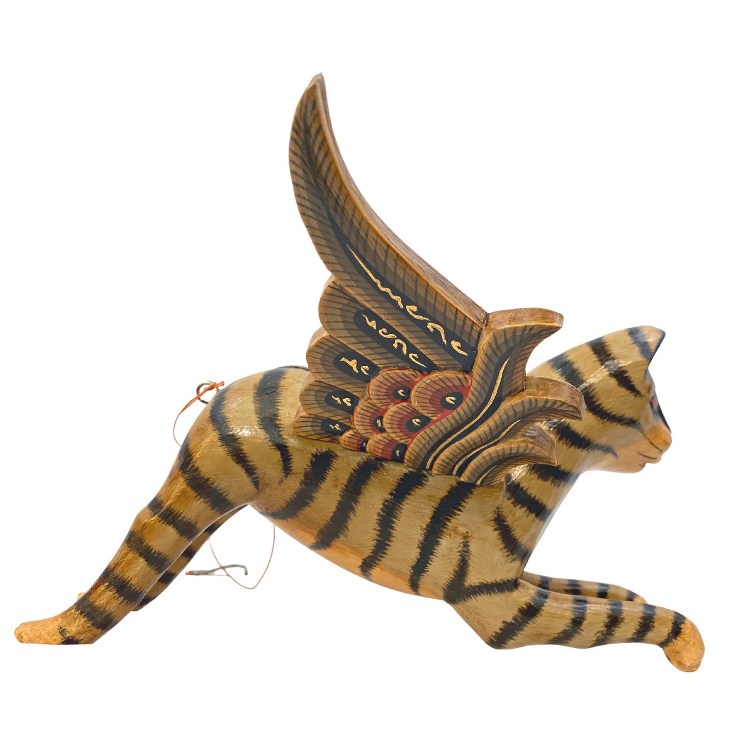 Flying Tabby Striped Cat Mobile, Balinese Hand Carved Wood  Folk Art Decor