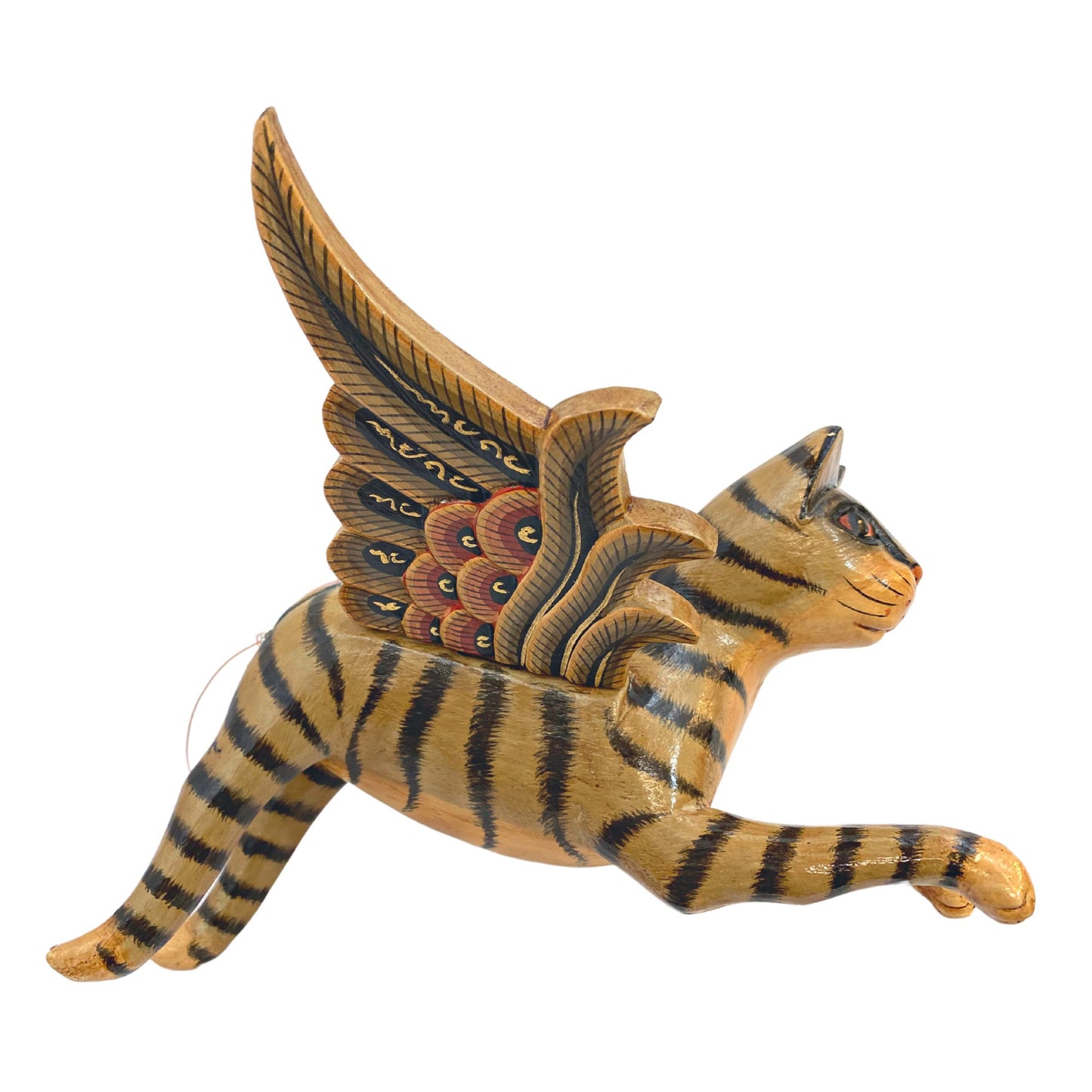 Flying Tabby Striped Cat Mobile, Balinese Hand Carved Wood  Folk Art Decor