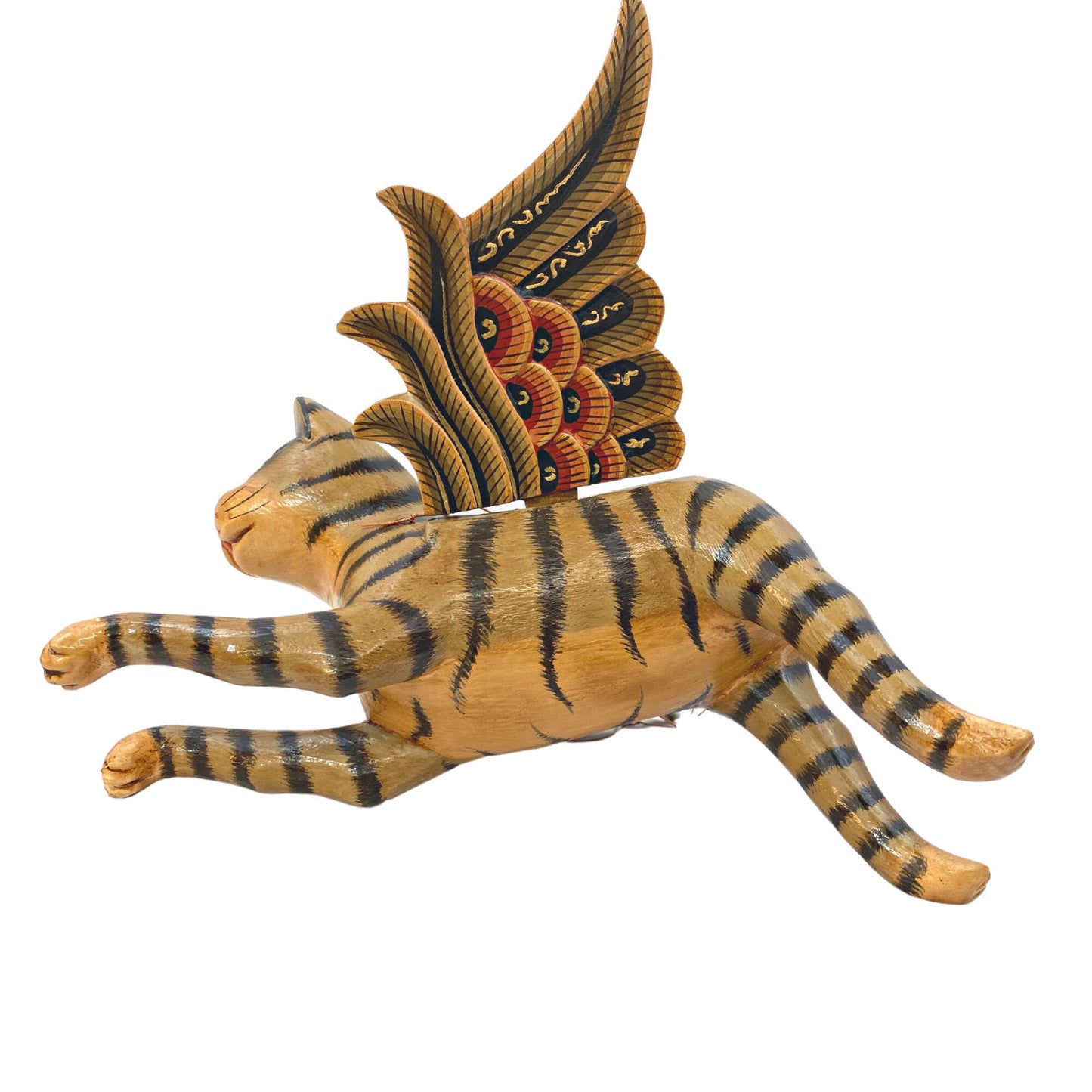 Flying Tabby Striped Cat Mobile, Balinese Hand Carved Wood  Folk Art Decor
