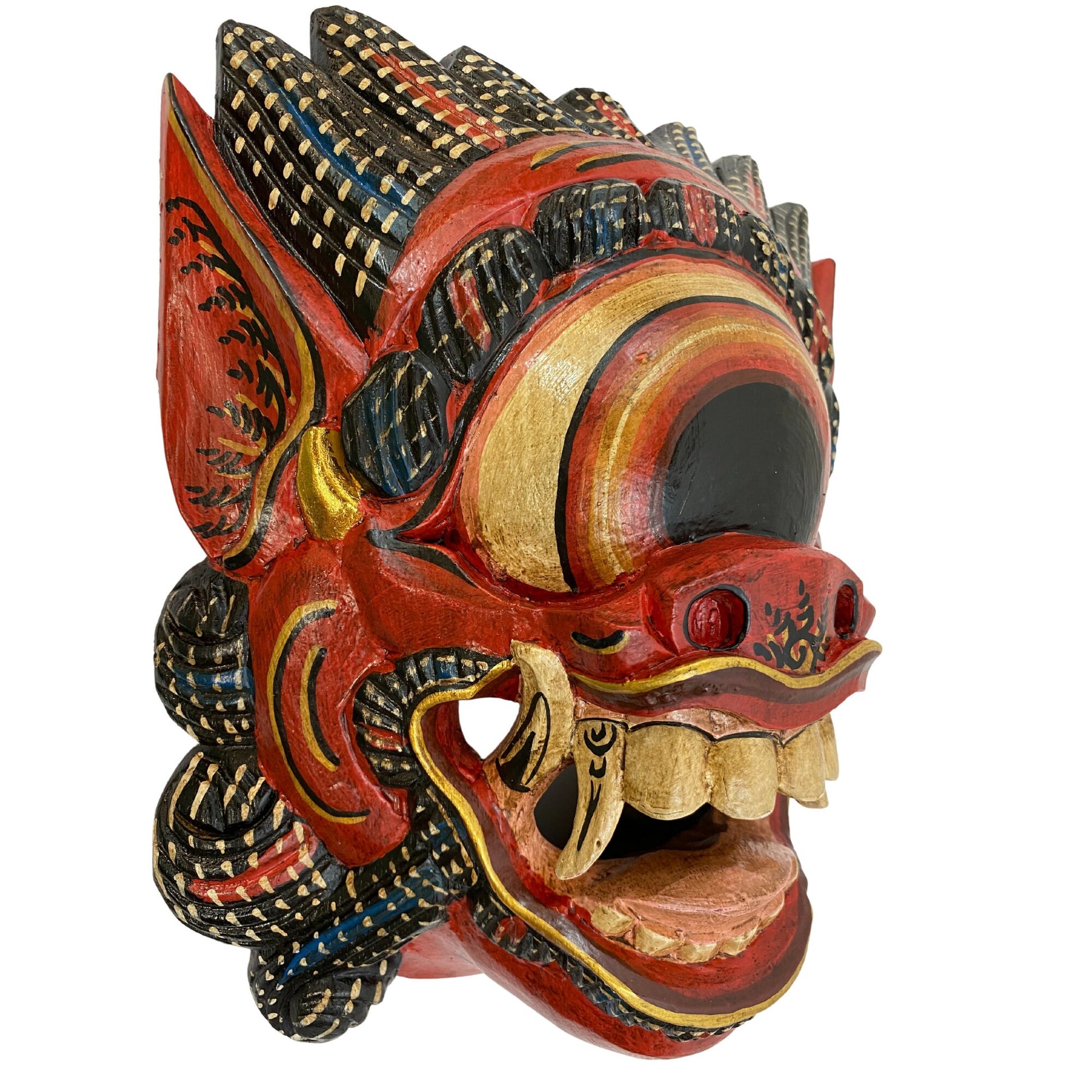 Balinese Mata Besek Mask Cyclops One Eyed Monster Rakshasa Demon Bali Folk Art Hand carved wood Carving Red Wall art - Acadia World Traders