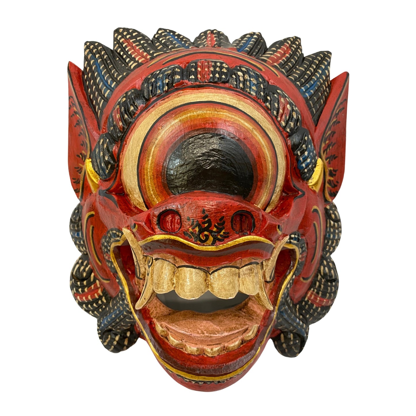 Balinese Mata Besek Mask Cyclops One Eyed Monster Rakshasa Demon Bali Folk Art Hand carved wood Carving Red Wall art - Acadia World Traders