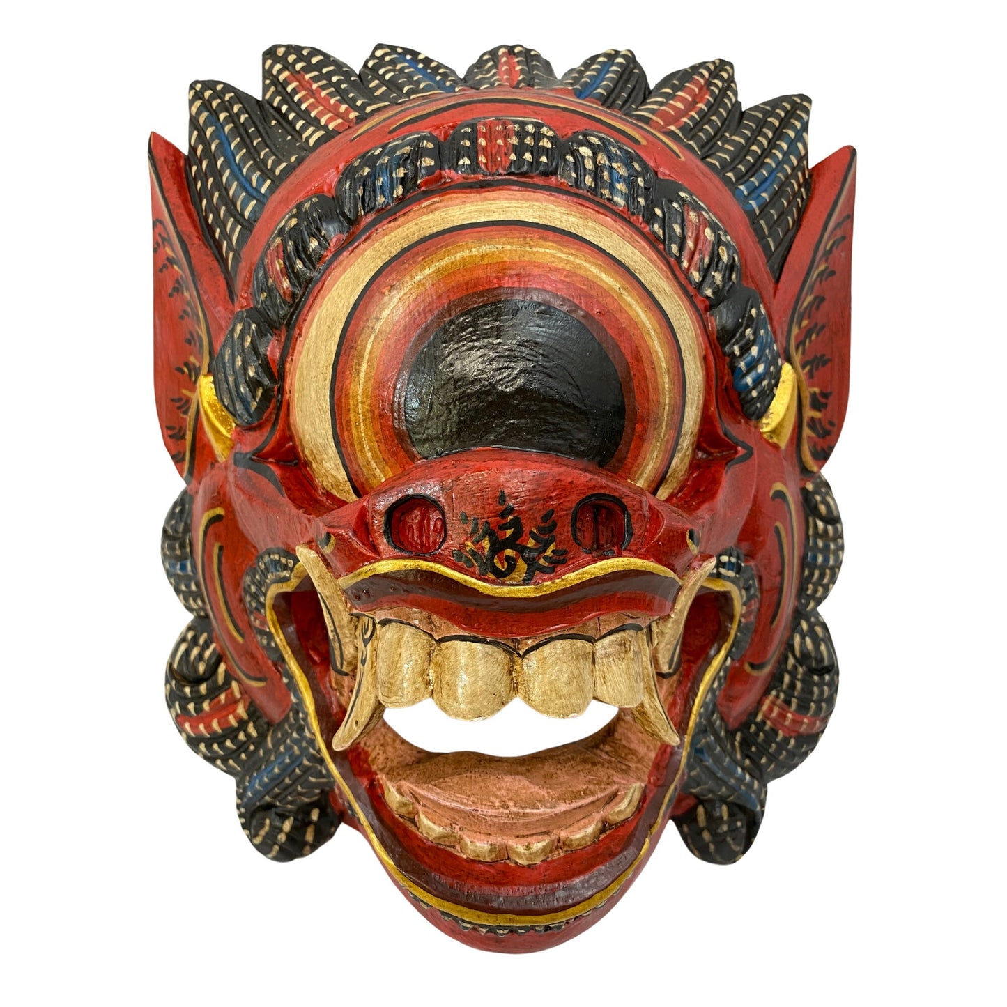 Balinese Mata Besek Mask Cyclops One Eyed Monster Rakshasa Demon Bali Folk Art Hand carved wood Carving Red Wall art - Acadia World Traders