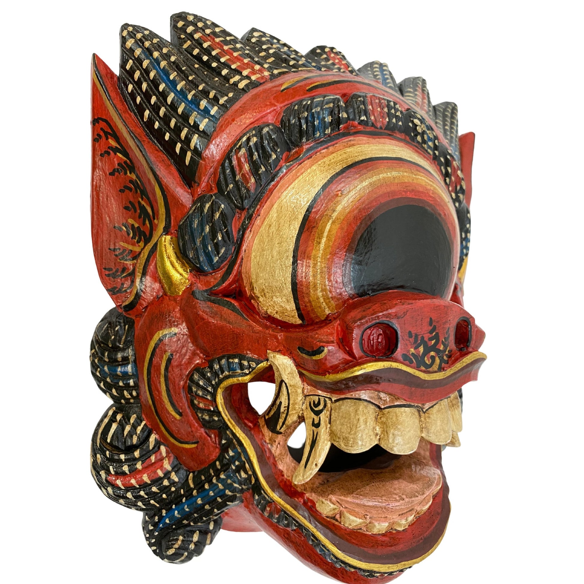 Balinese Mata Besek Mask Cyclops One Eyed Monster Rakshasa Demon Bali Folk Art Hand carved wood Carving Red Wall art - Acadia World Traders