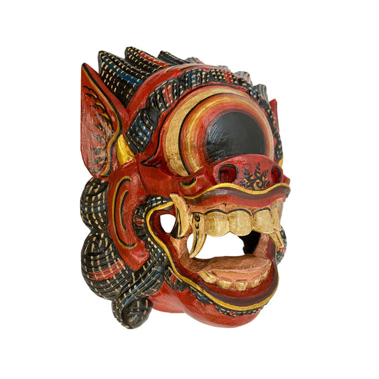 Balinese Mata Besek Mask Cyclops One Eyed Monster Rakshasa Demon Bali Folk Art Hand carved wood Carving Red Wall art - Acadia World Traders