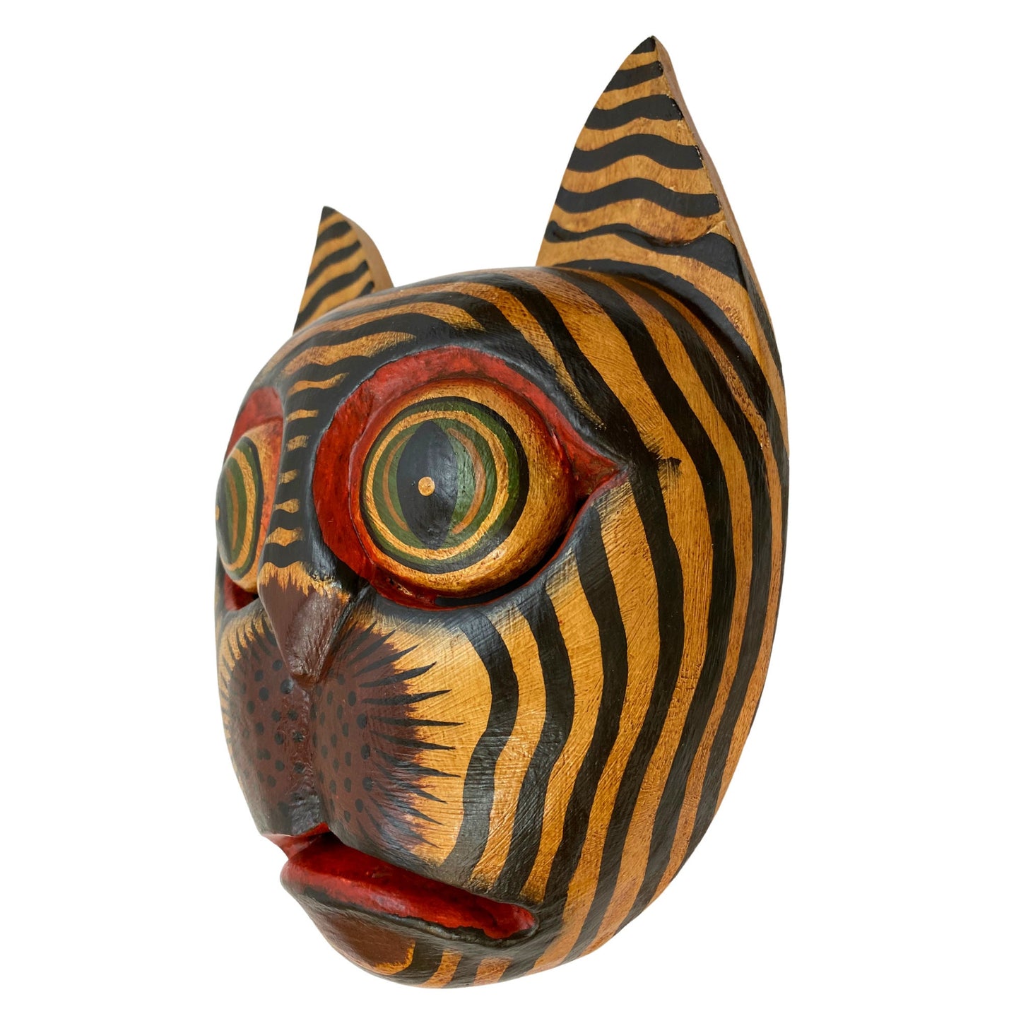 Balinese Striped Tabby Cat Mask, Hand Carved Wood Bali Folk Art