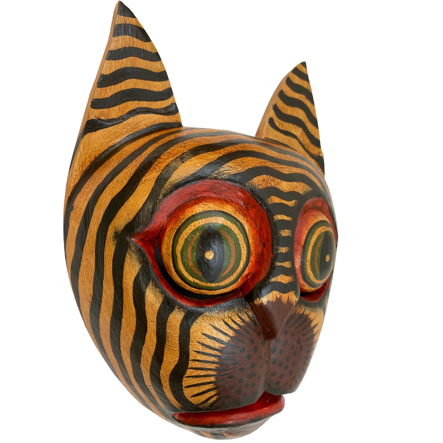 Balinese Striped Tabby Cat Mask, Hand Carved Wood Bali Folk Art