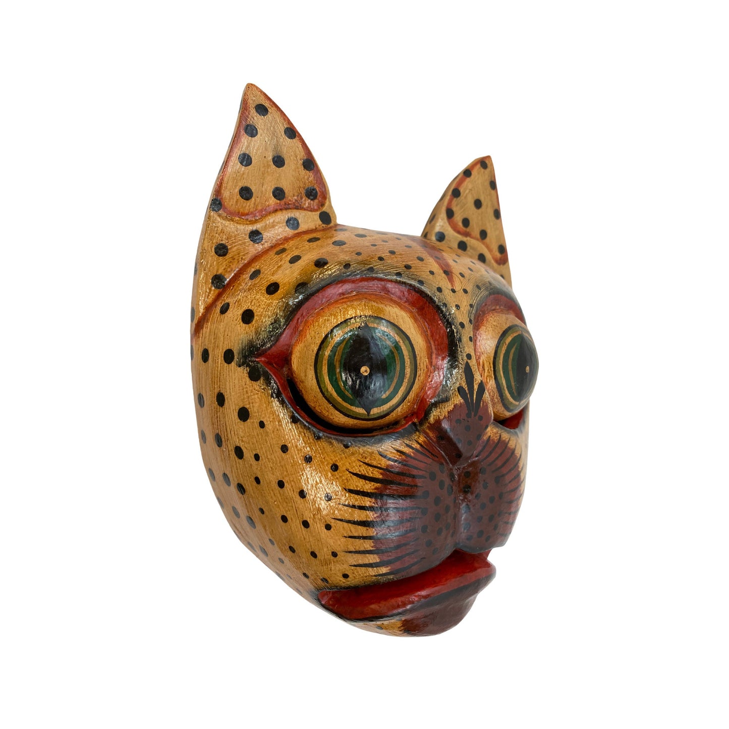 Balinese Spotted Leopard Cat Mask: Hand Carved Wood Folk Art Wall Decor