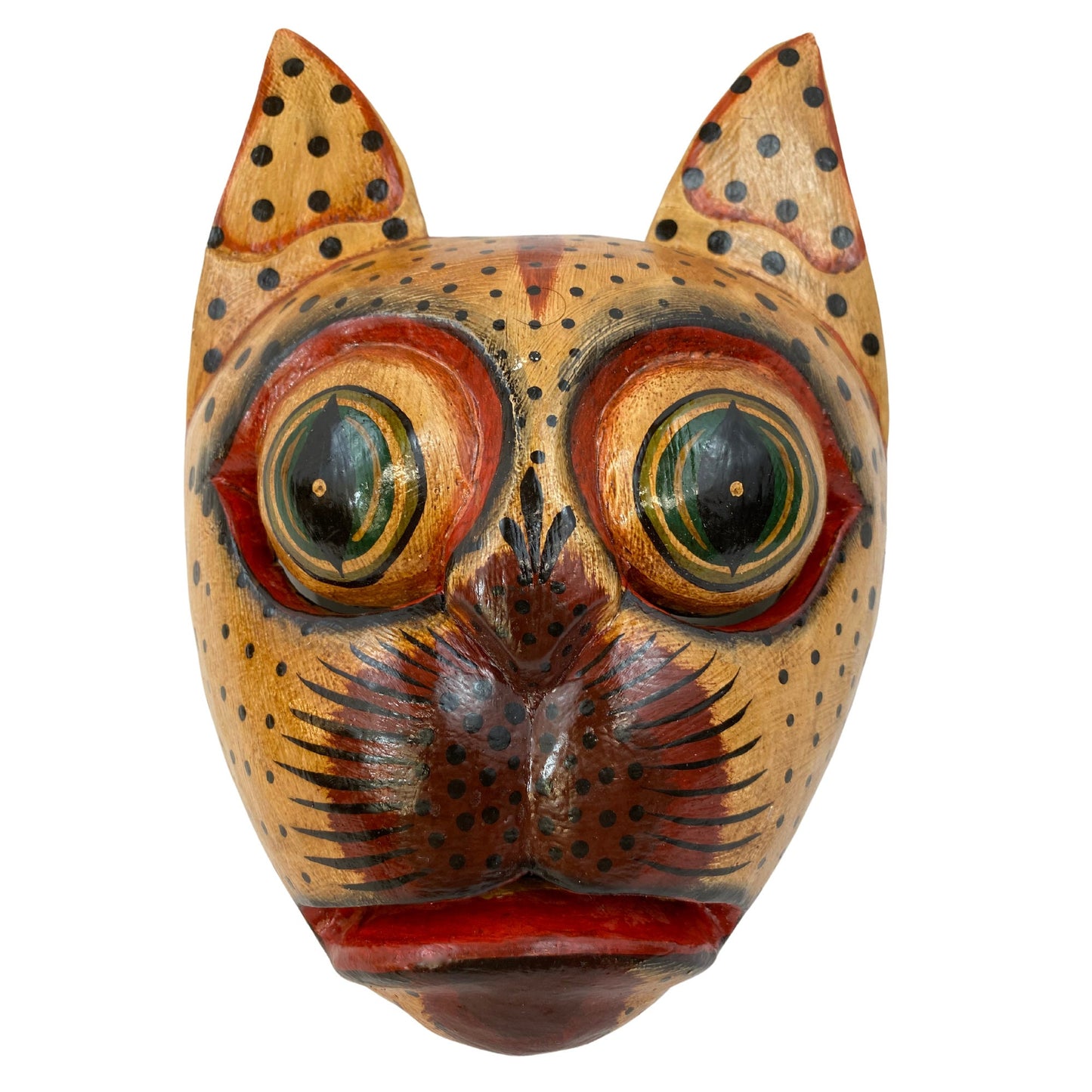 Balinese Spotted Leopard Cat Mask: Hand Carved Wood Folk Art Wall Decor