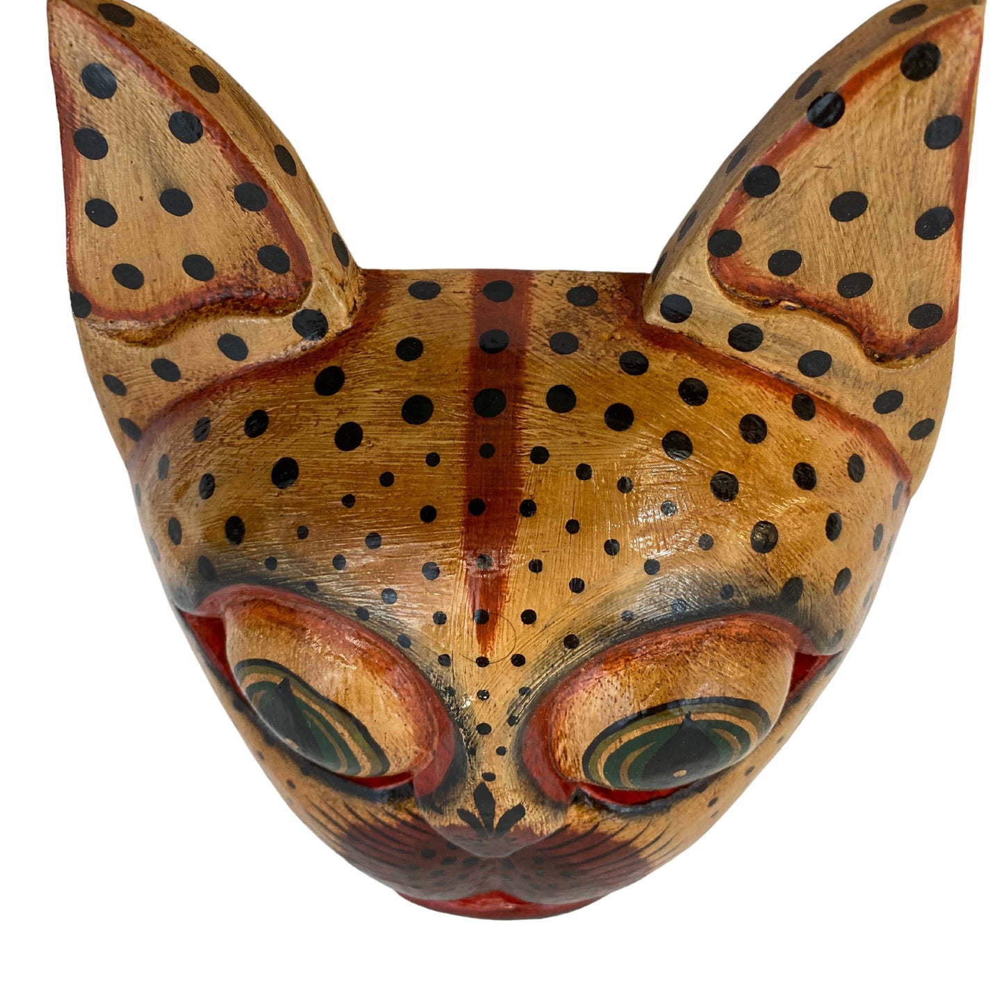 Balinese Spotted Leopard Cat Mask: Hand Carved Wood Folk Art Wall Decor