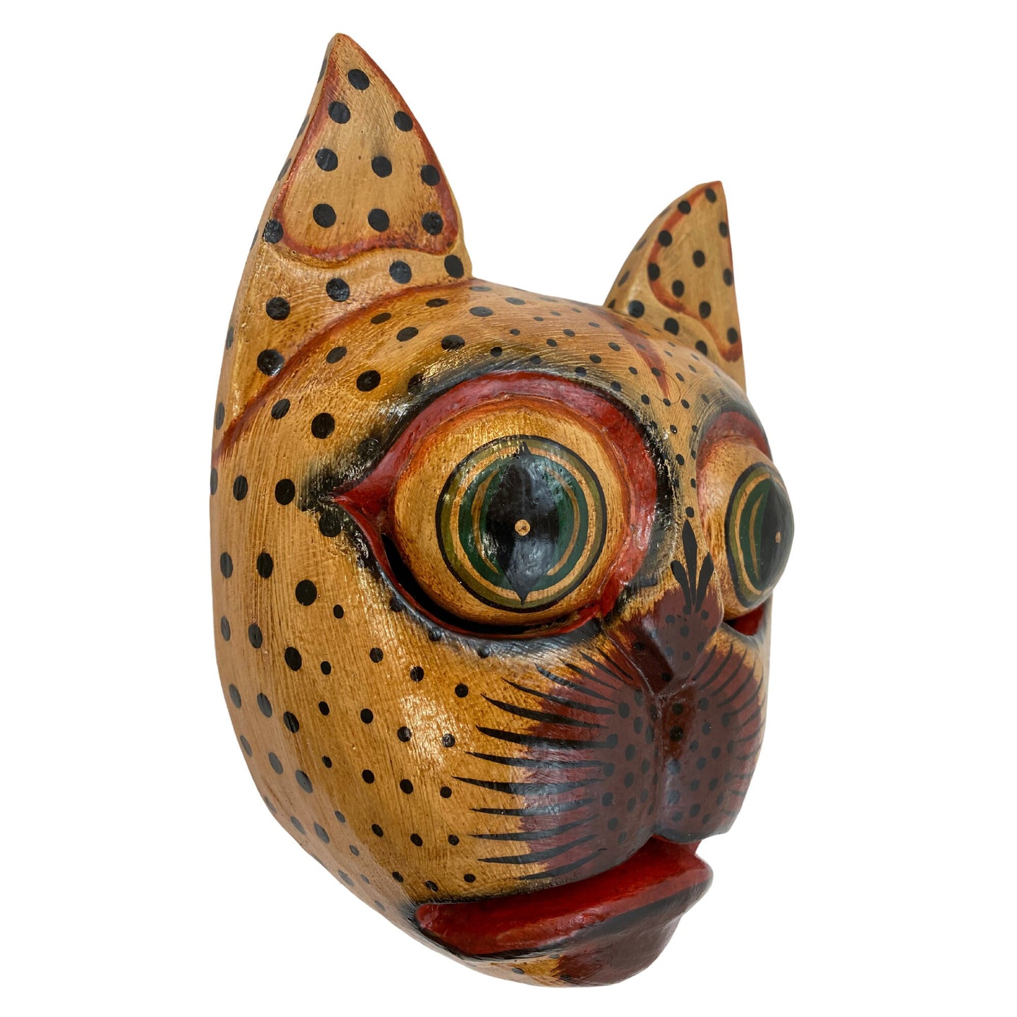 Balinese Spotted Leopard Cat Mask: Hand Carved Wood Folk Art Wall Decor