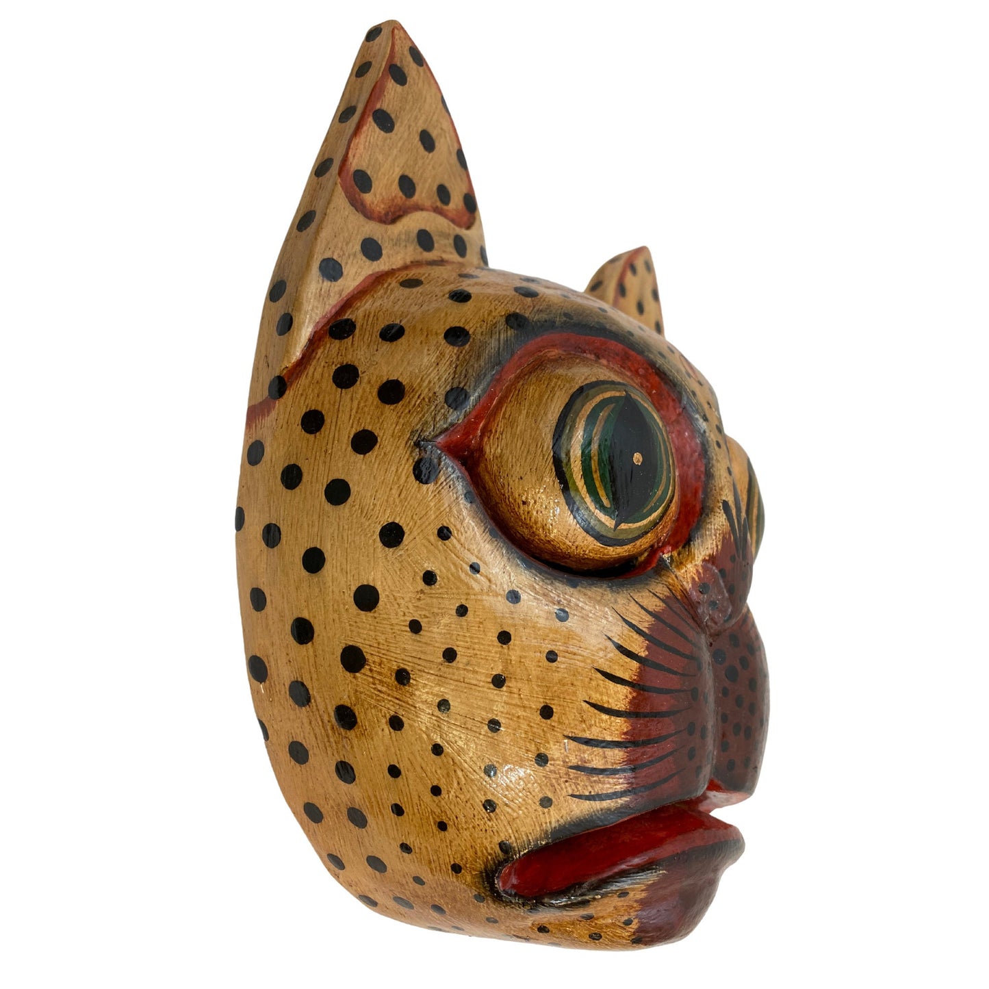 Balinese Spotted Leopard Cat Mask: Hand Carved Wood Folk Art Wall Decor