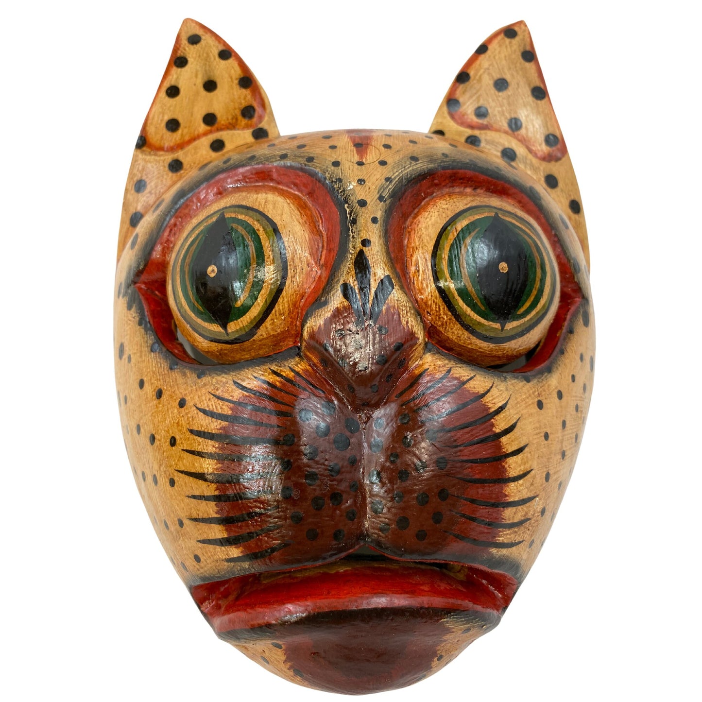 Balinese Spotted Leopard Cat Mask: Hand Carved Wood Folk Art Wall Decor