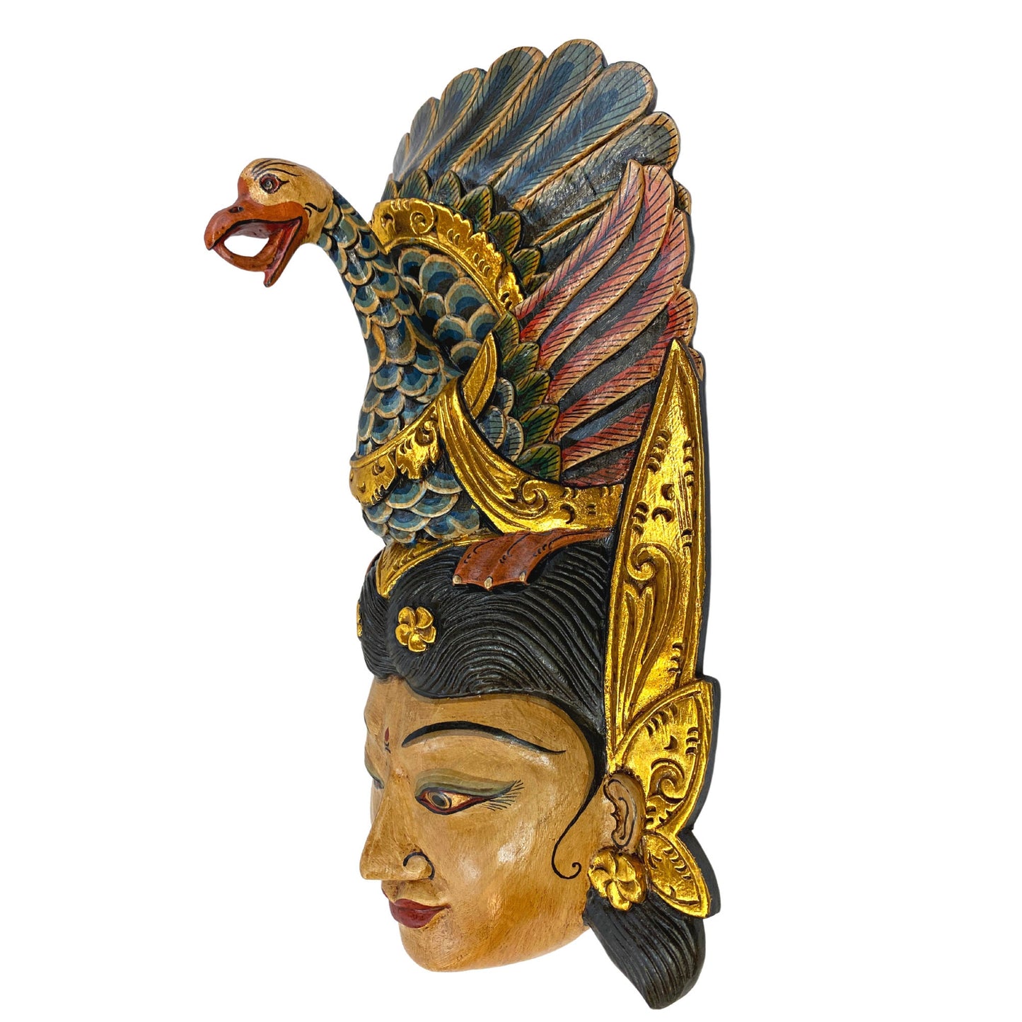 Hand Carved Wood Saraswati Goddess Mask: Balinese Wood Carving with Peacock Crown, Wall Art