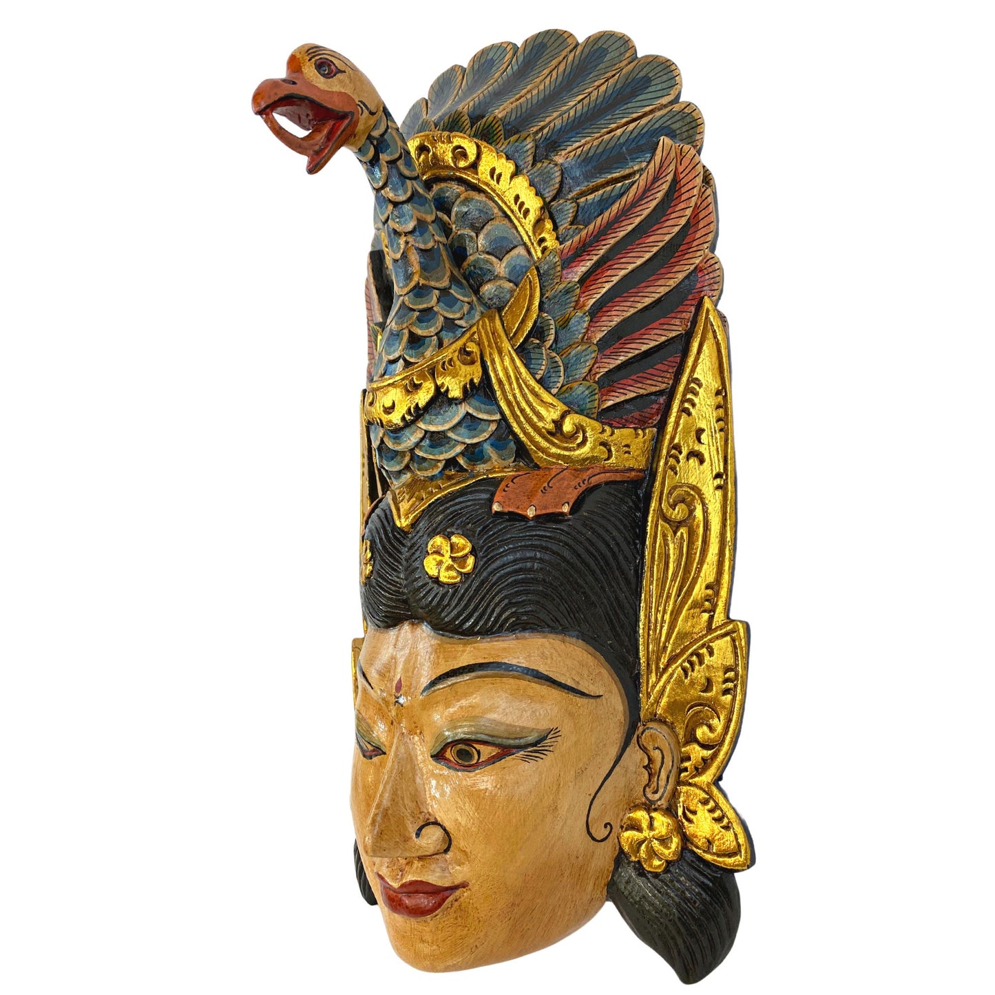 Hand Carved Wood Saraswati Goddess Mask: Balinese Wood Carving with Peacock Crown, Wall Art