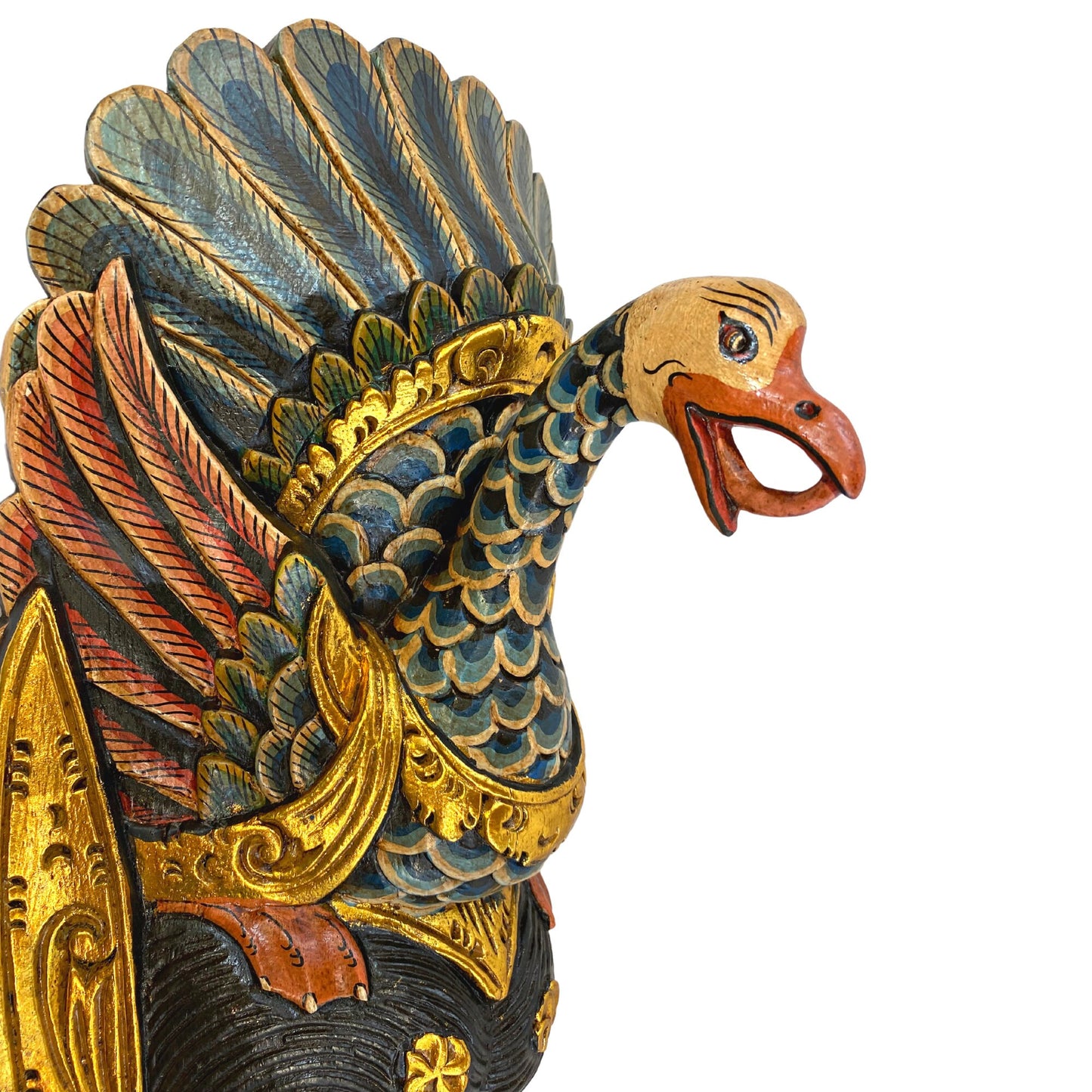Hand Carved Wood Saraswati Goddess Mask: Balinese Wood Carving with Peacock Crown, Wall Art