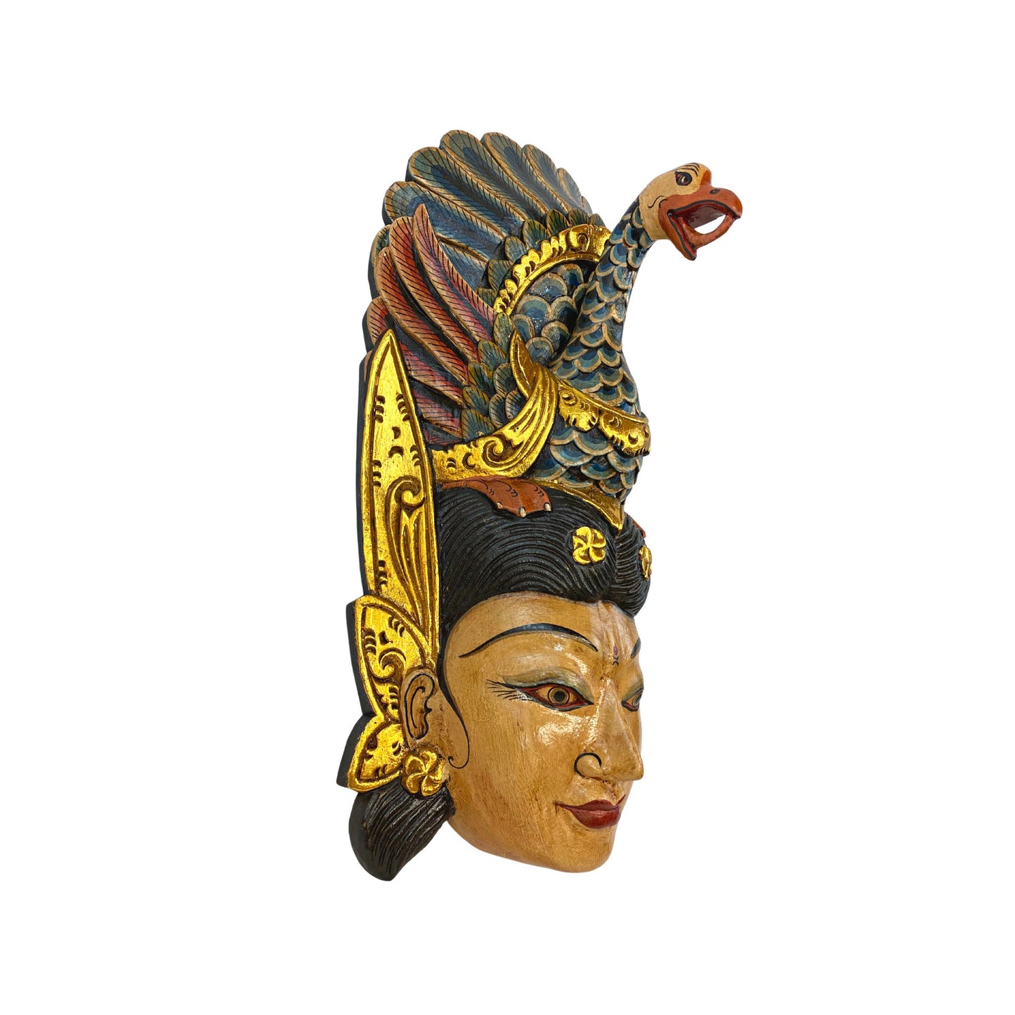Hand Carved Wood Saraswati Goddess Mask: Balinese Wood Carving with Peacock Crown, Wall Art