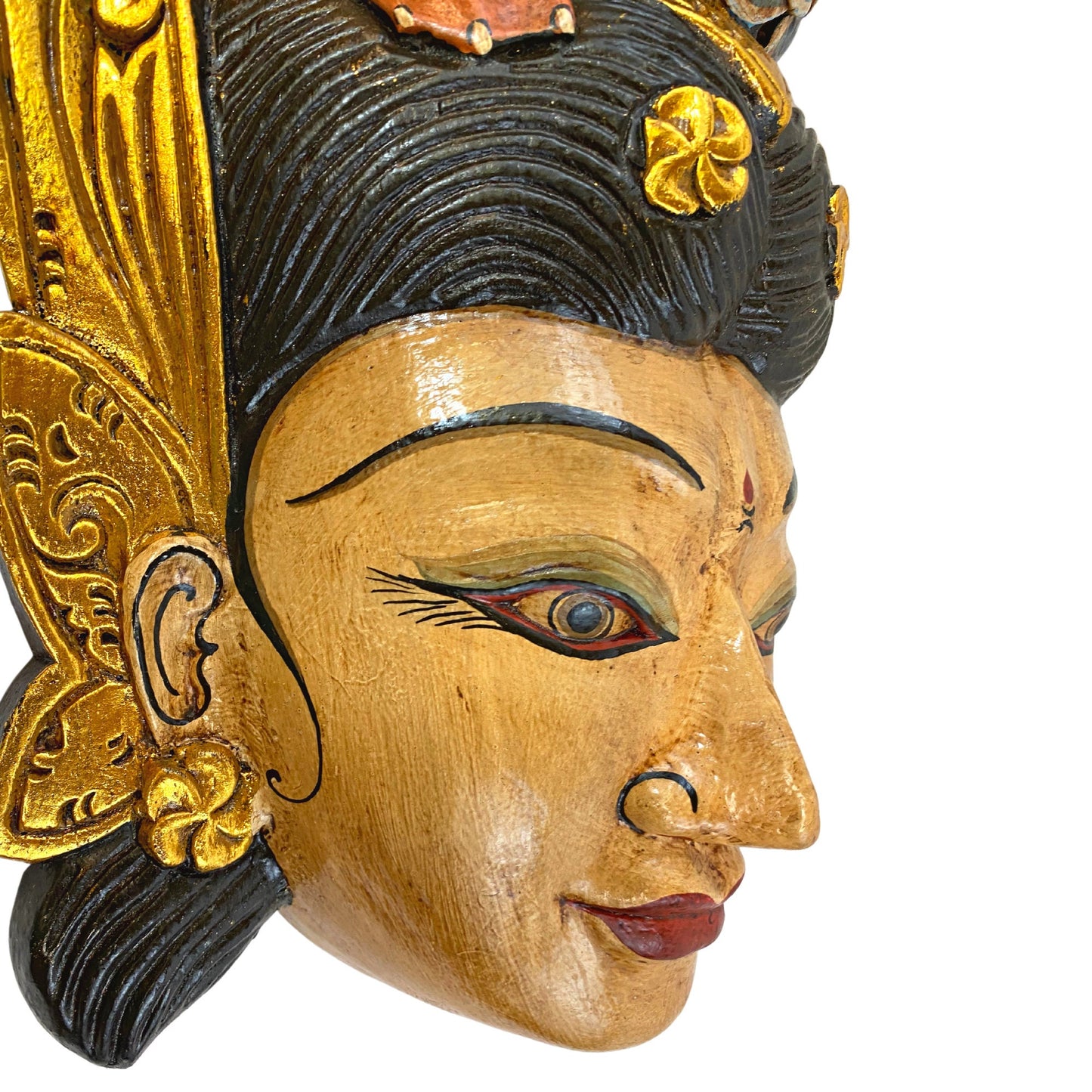Hand Carved Wood Saraswati Goddess Mask: Balinese Wood Carving with Peacock Crown, Wall Art