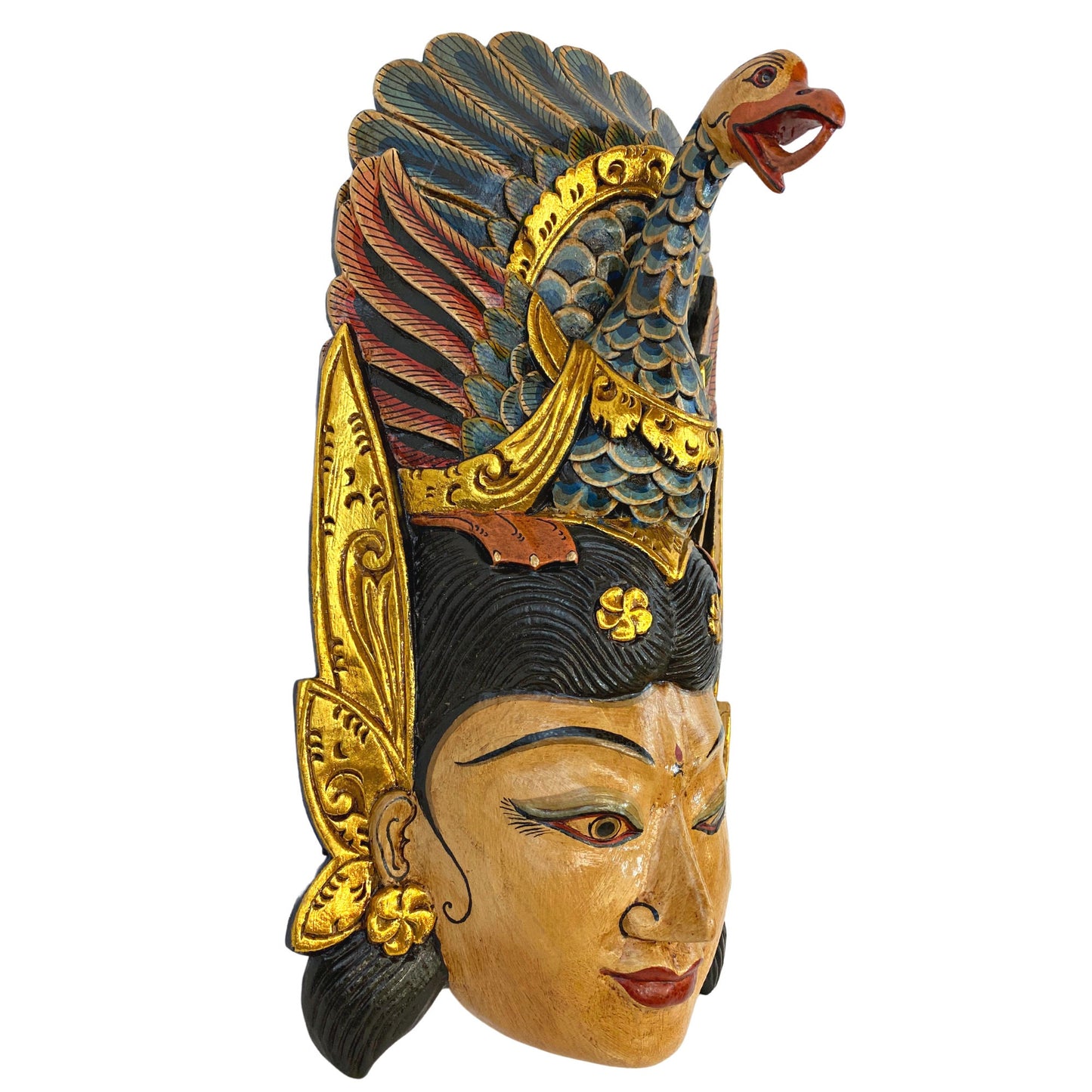 Hand Carved Wood Saraswati Goddess Mask: Balinese Wood Carving with Peacock Crown, Wall Art