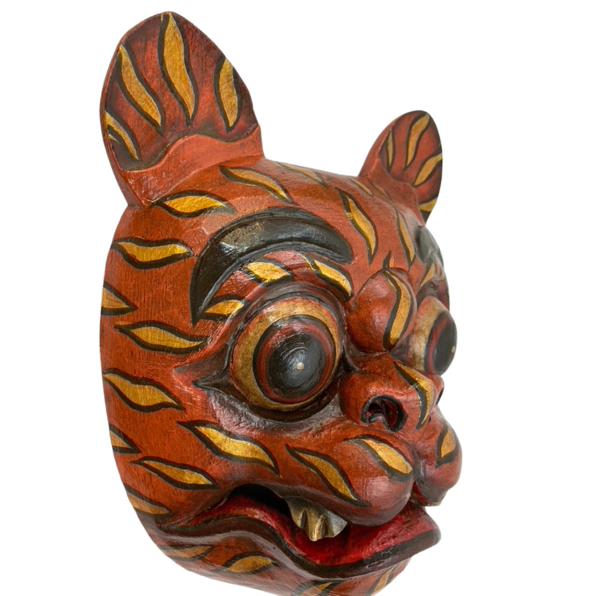 Balinese Tiger Mask Barong Macan Wooden Tiger Mask Guardian Demon Bali Hand Carved Wood Folk art Carving Wall Decor - Acadia World Traders
