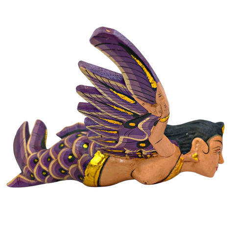 Flying Mermaid Mobile Winged GODDESS Spiritchaser Ornament Demon Chaser Guardian carved Balinese Folk Art purple 8 inch