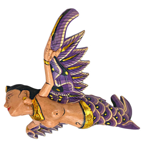 Flying Mermaid Mobile Winged GODDESS Spiritchaser Ornament Demon Chaser Guardian carved Balinese Folk Art purple 8 inch