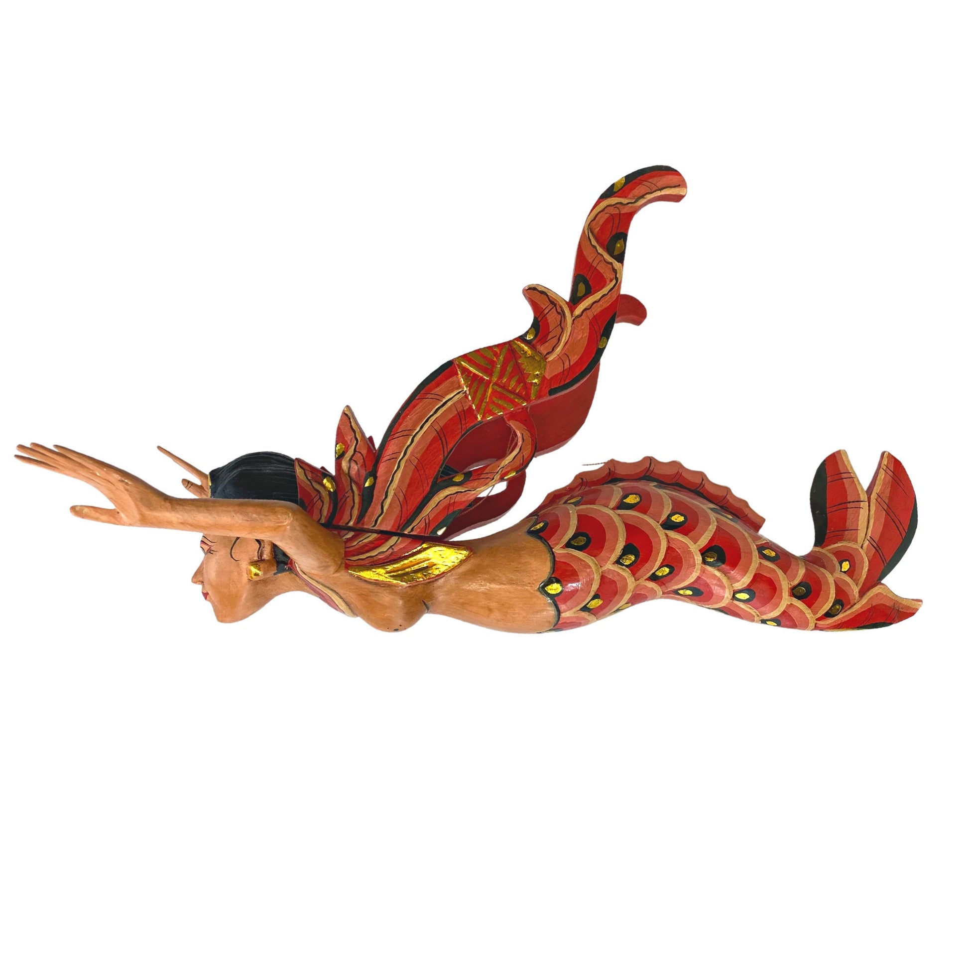 Bali Winged Flying Mermaid Mobile Spiritchaser Aspra Cradle guardian Carved wood Balinese art Red 18&quot; - Acadia World Traders